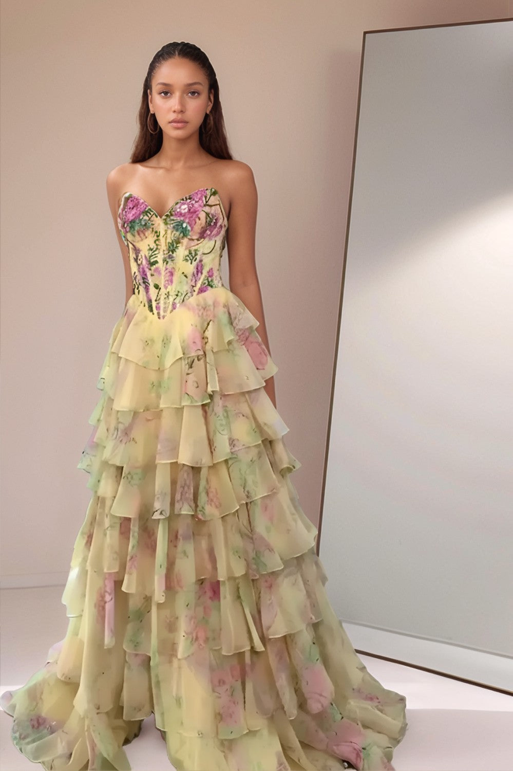 A line Tiered Floral Printed Yellow Prom Dress-LLELLA