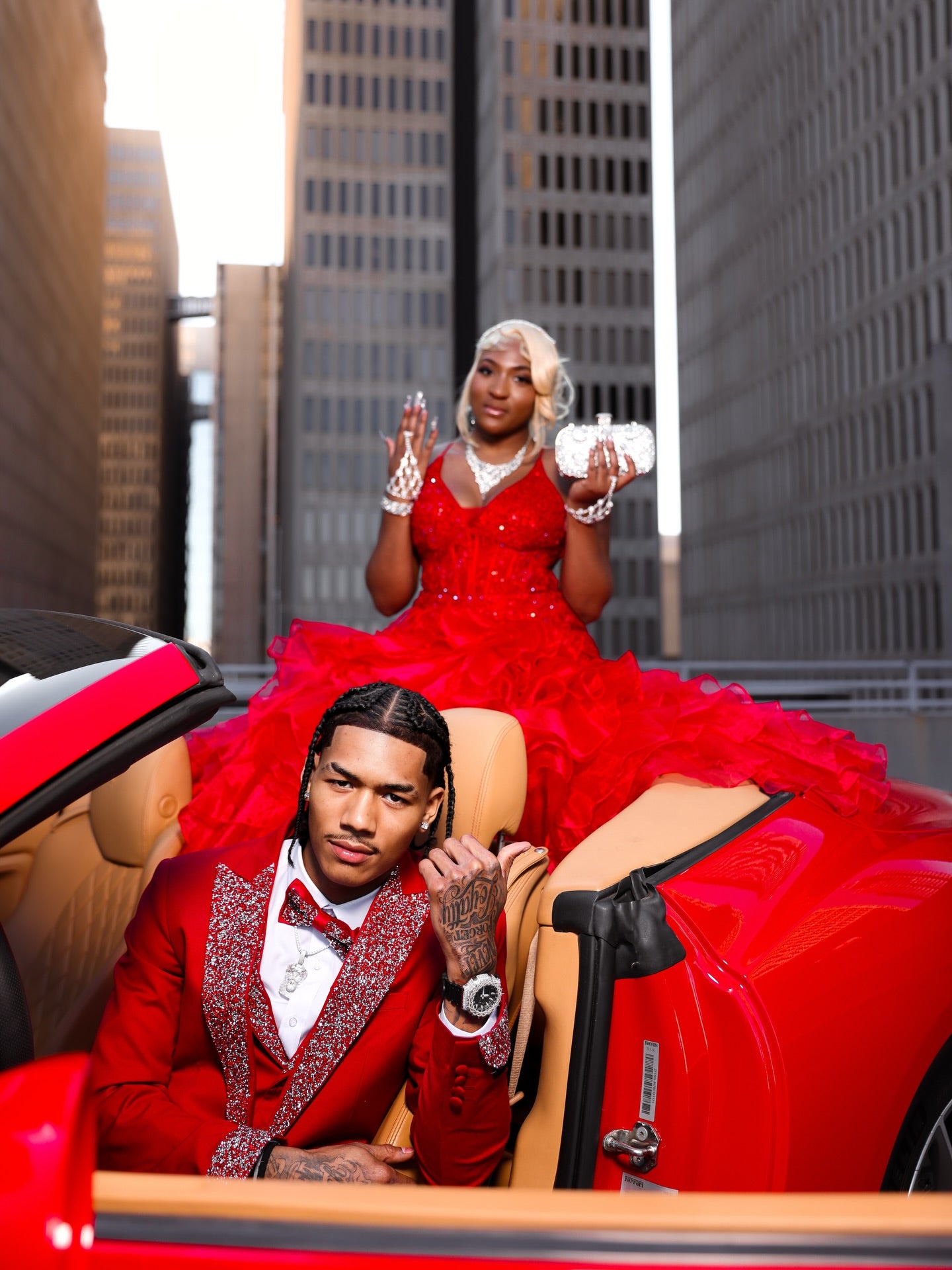 Red Halter V-Neck Crystal Beaded Mermaid Prom Dress with Ruffled Organza Skirt