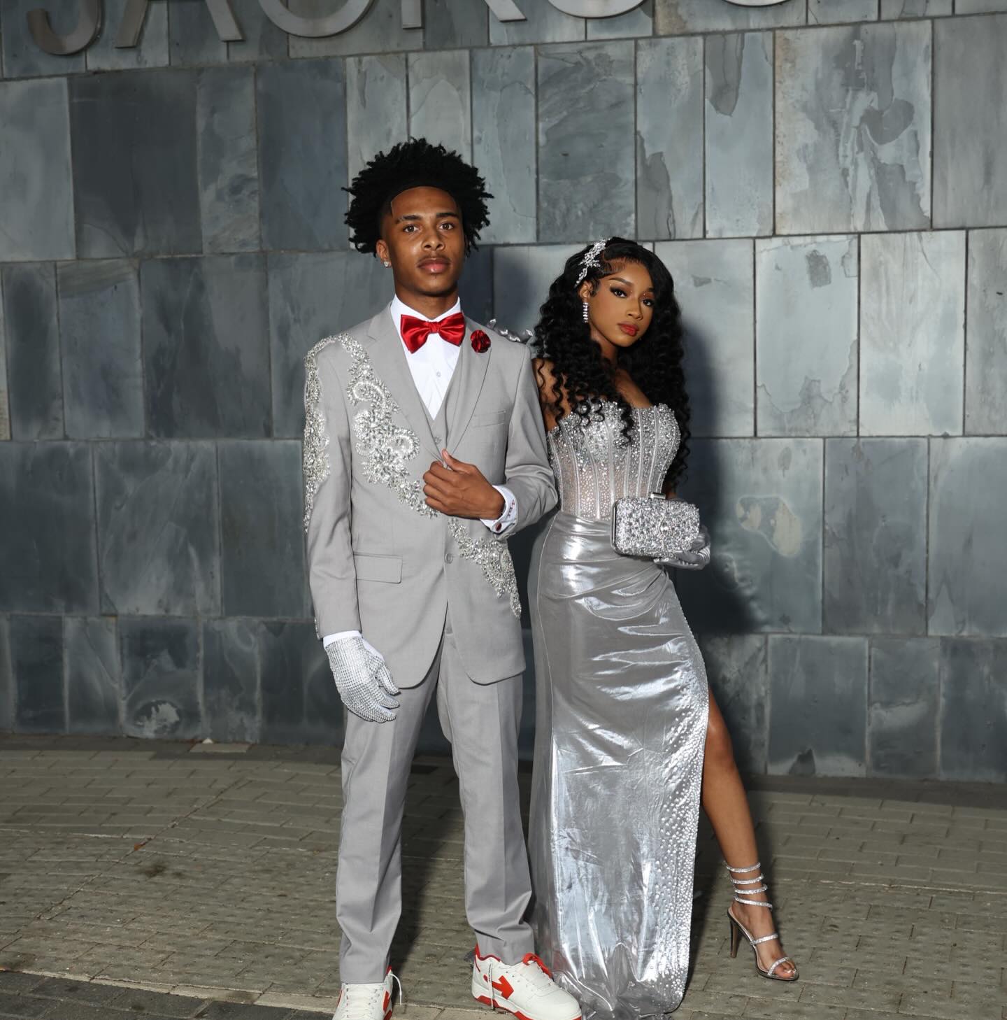 Silver Crystal Beaded Strapless Mermaid Prom Dress with Sheer Corset Bodice & High Slit