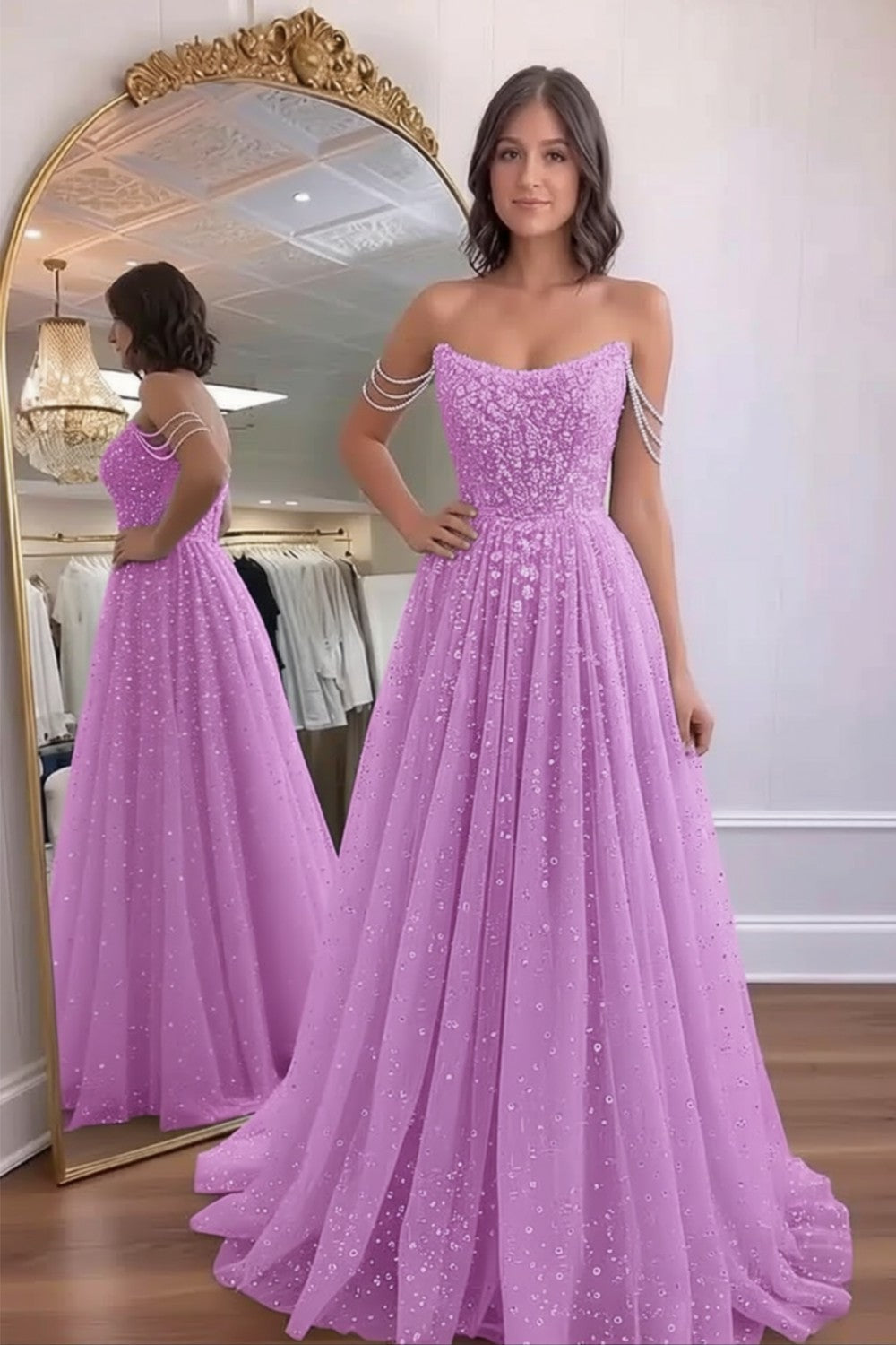 Glitter A line Off the Shoulder Prom Dress-LLELLA
