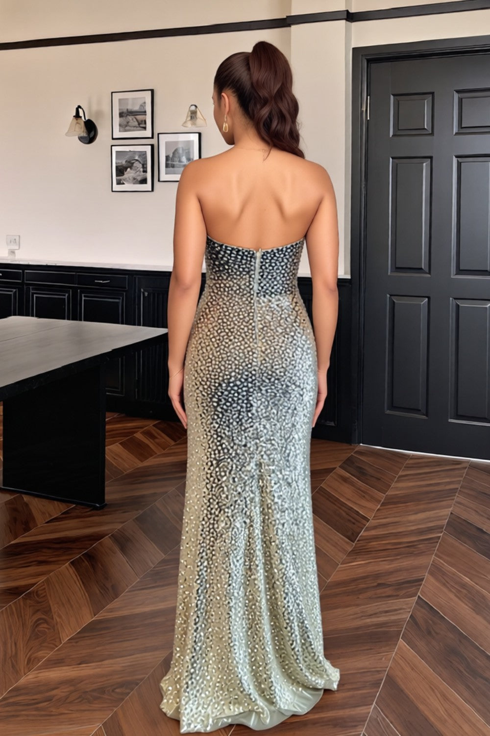 Mermaid Strapless Beaded Long Prom Dress With Slit-LLELLA