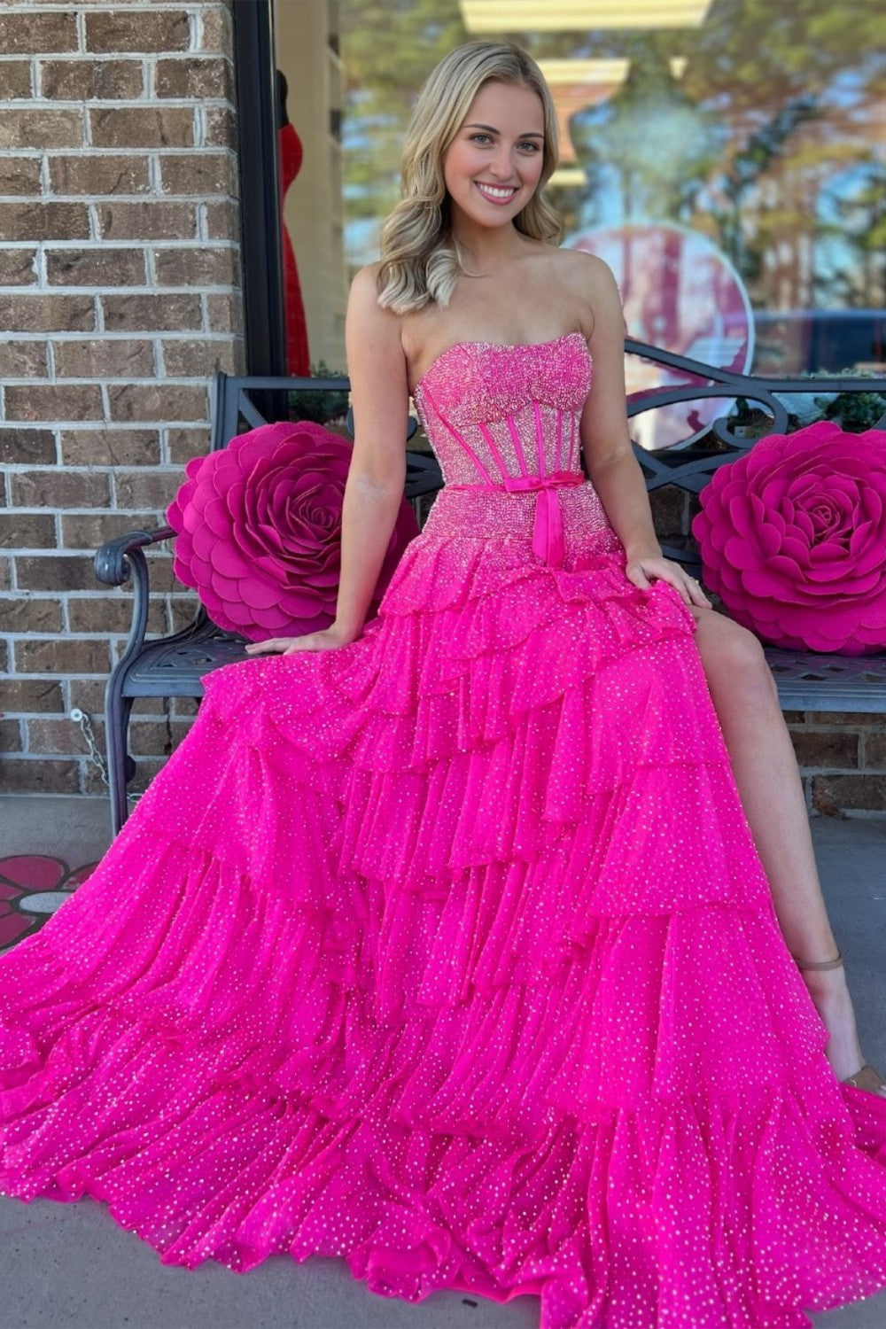Pink Tiered Strapless Prom Dress with Beads-LLELLA