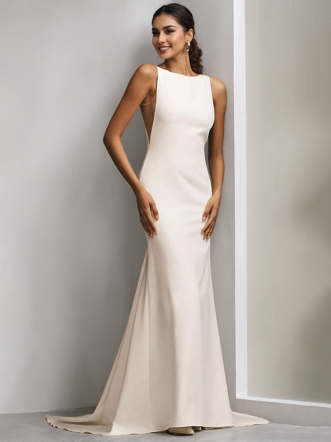 Sheath/Column High Neck Sleeveless Floor Length Minimalist Elegant Wedding Dresses White