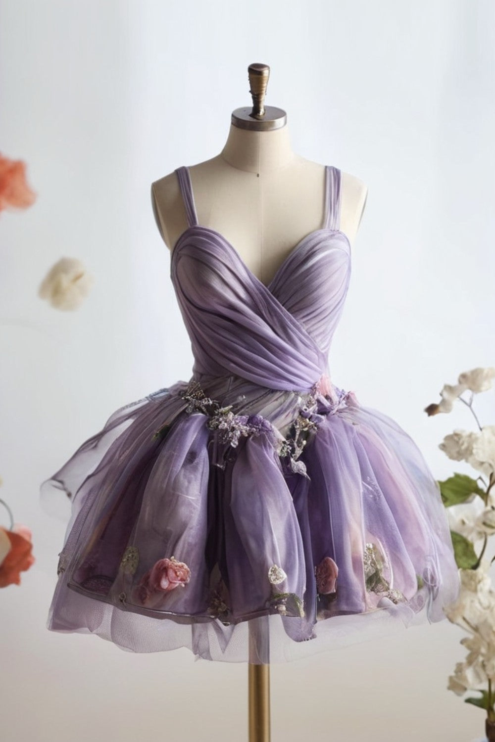 Tulle Cute Lilac Homecoming Dress with Appliques-LLELLA