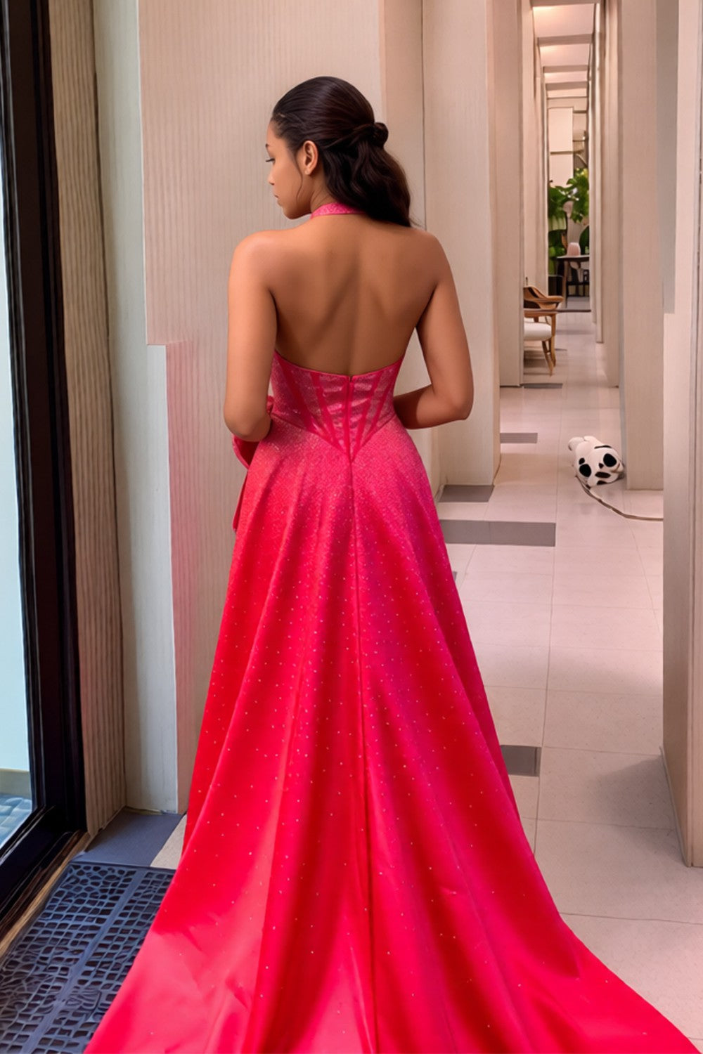 Halter Split Long Straps Beaded Long Prom Dress With Bow-LLELLA