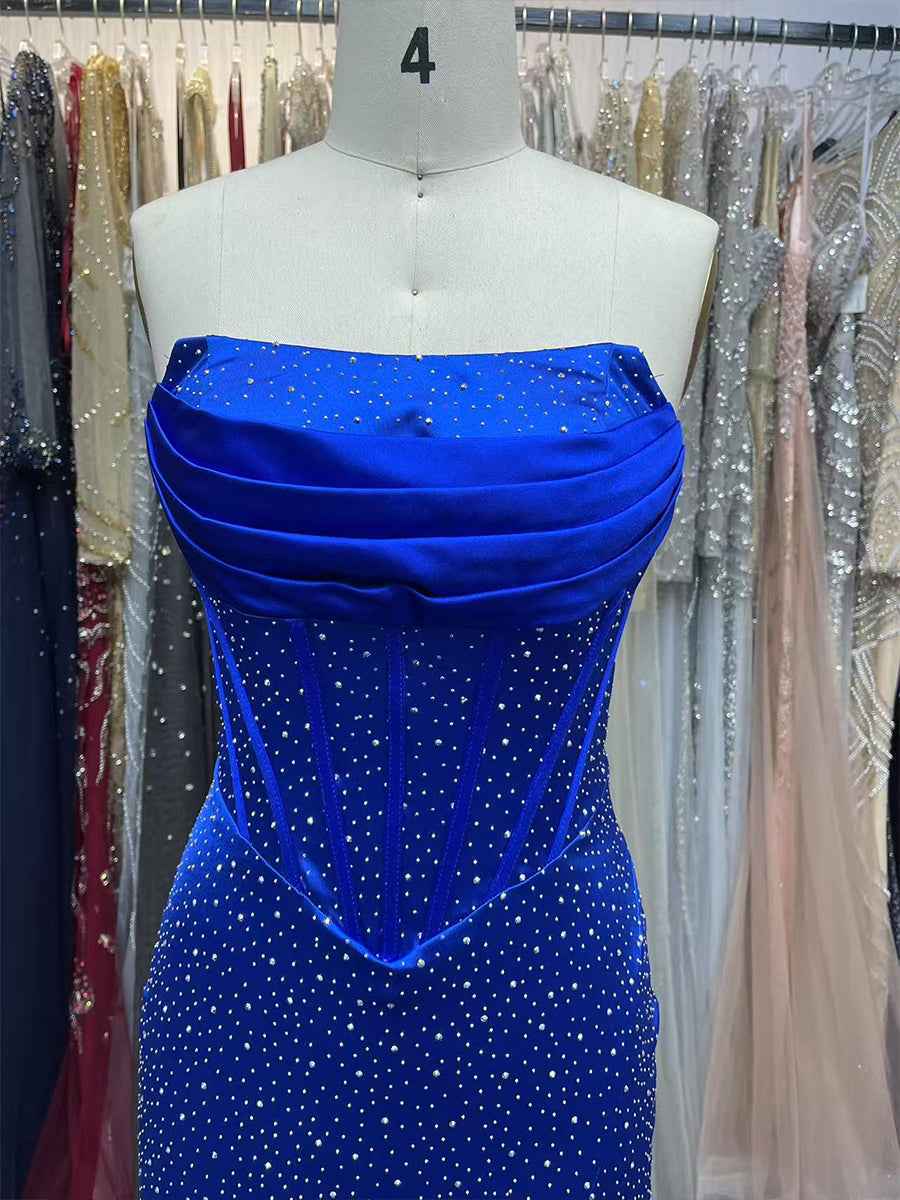 Hot Pink Mermaid Strapless Corset Bodice Long Prom Dress with Ruffle Slit