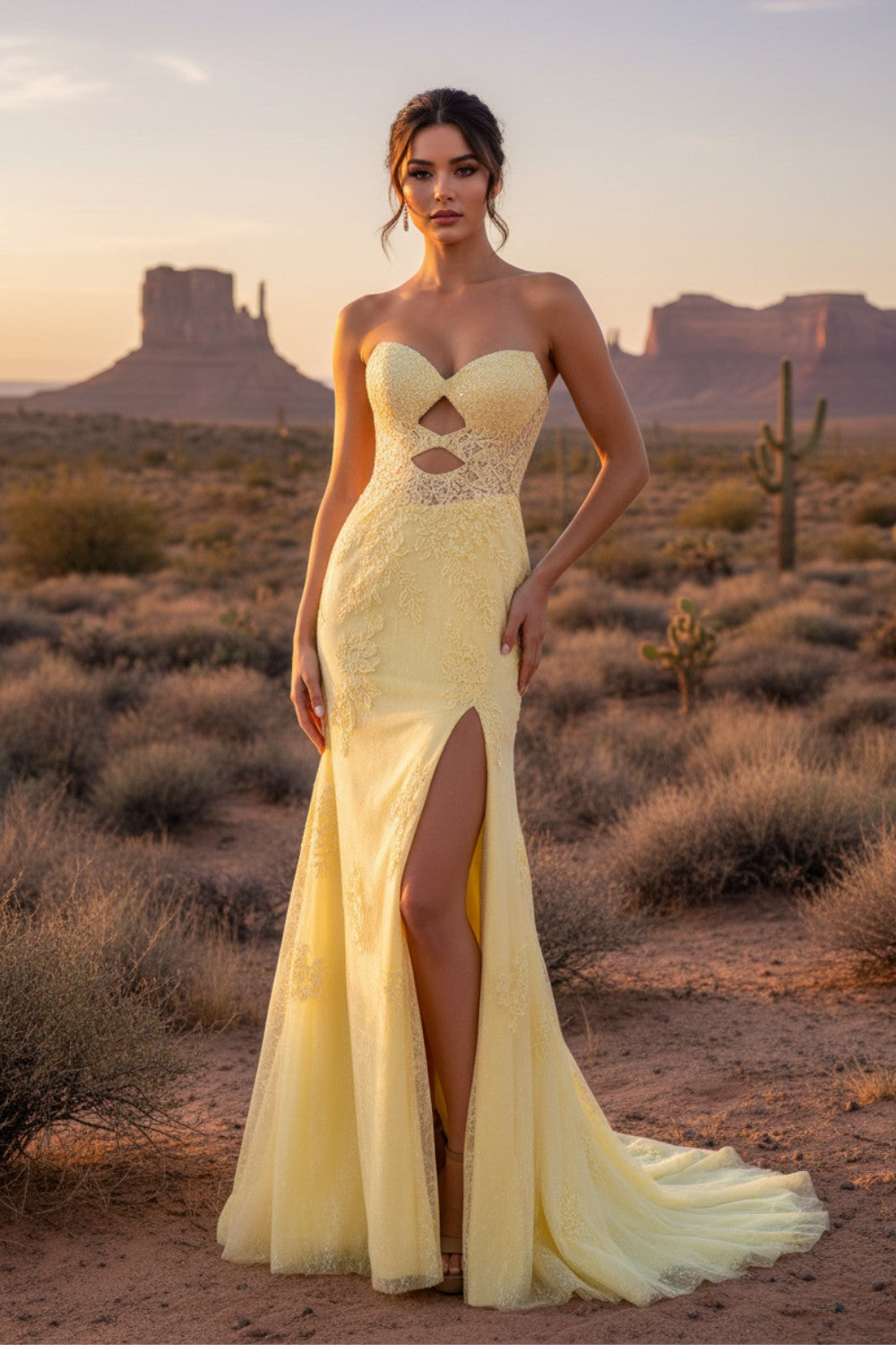 Mermaid Keyholes Yellow Long Prom Dress With Appliques-LLELLA