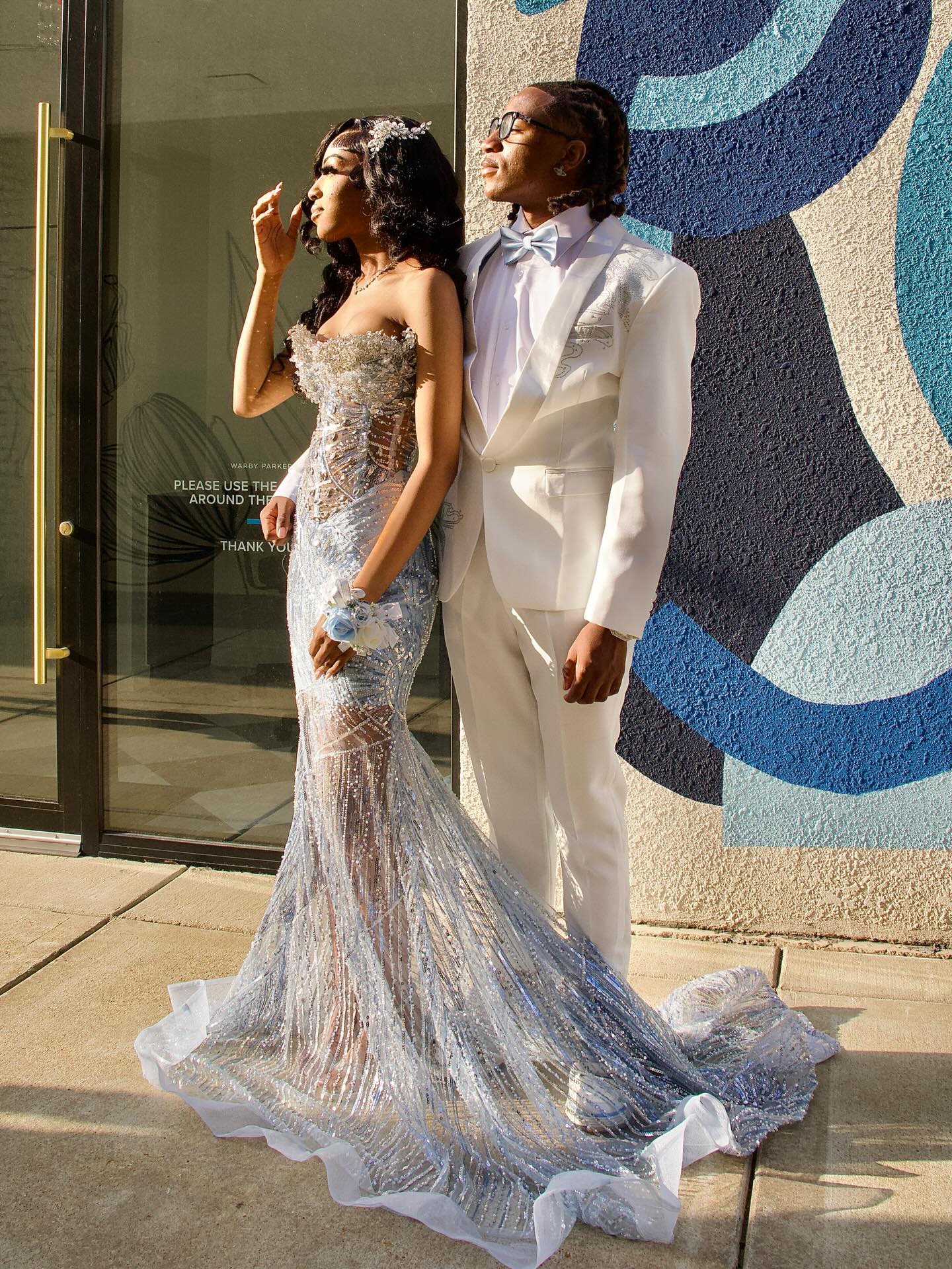 Ice Blue Silver 3D Floral Crystal Fringe Tassel Strapless Sweetheart Sheer Mermaid Prom Dress with Cathedral Train