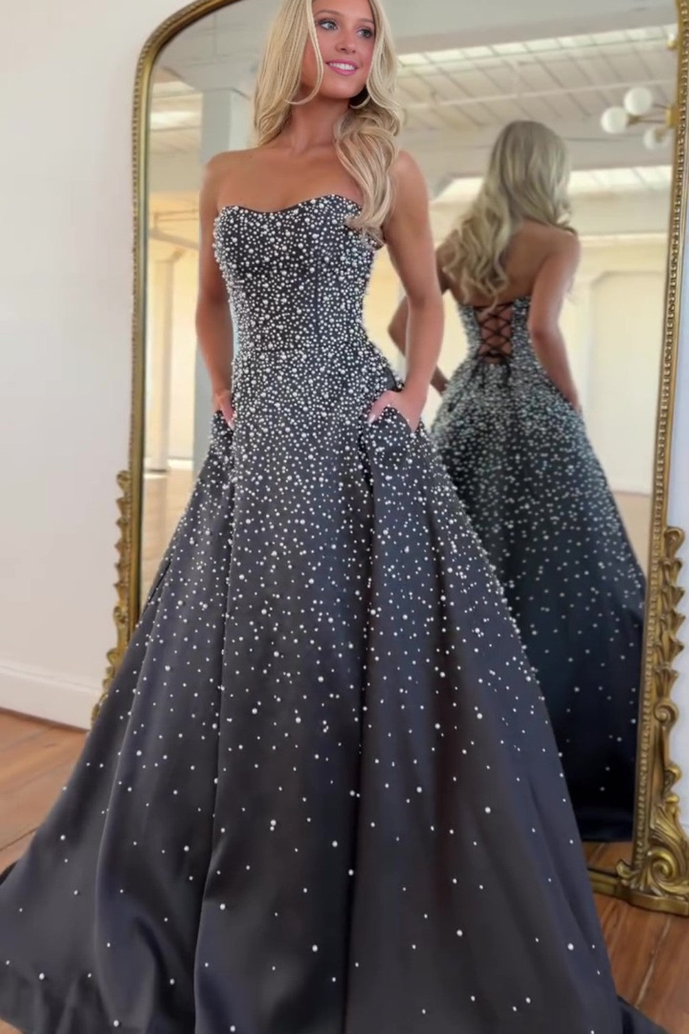 A-Line Light Pink Satin Long Prom Dress With Pearls-LLELLA