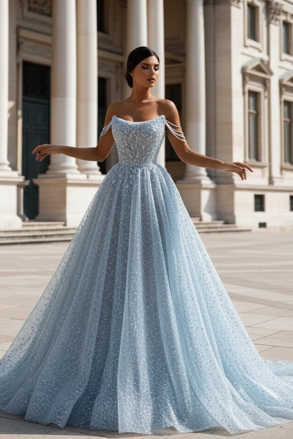 Glitter A line Off the Shoulder Prom Dress-LLELLA