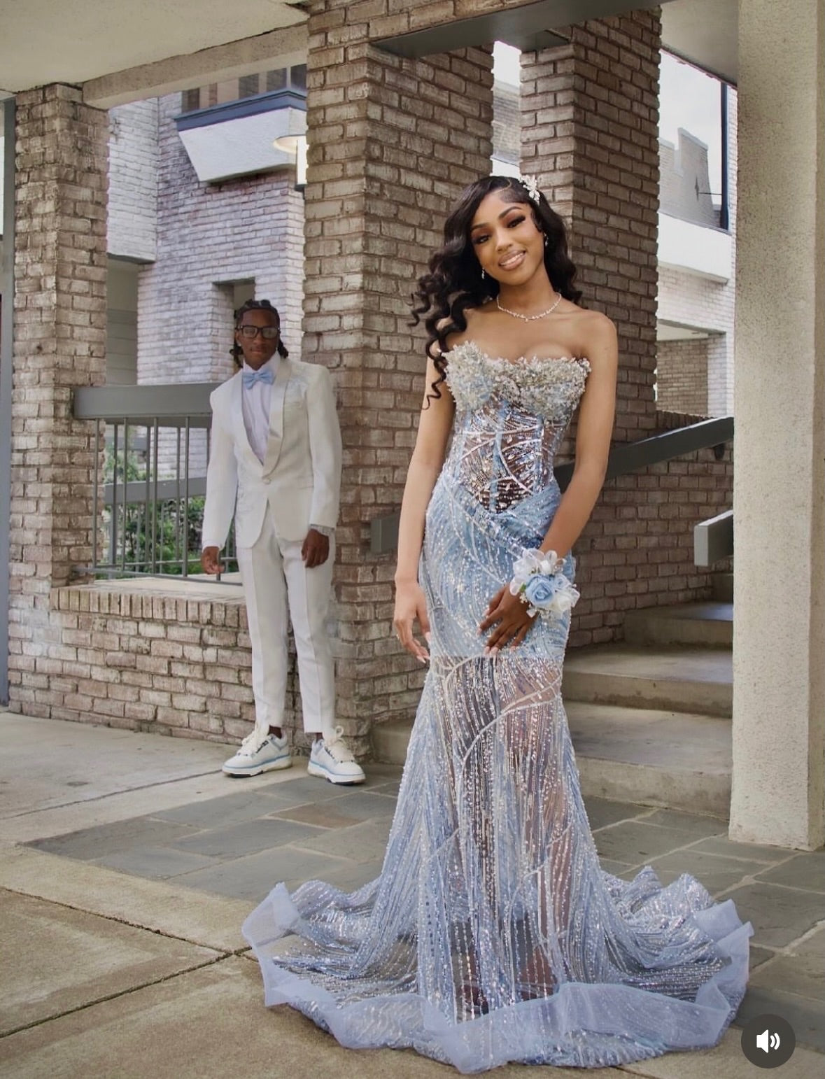 Ice Blue Silver Strapless Sweetheart Sheer Crystal Line Beaded Mermaid Prom Dress with Cathedral Train