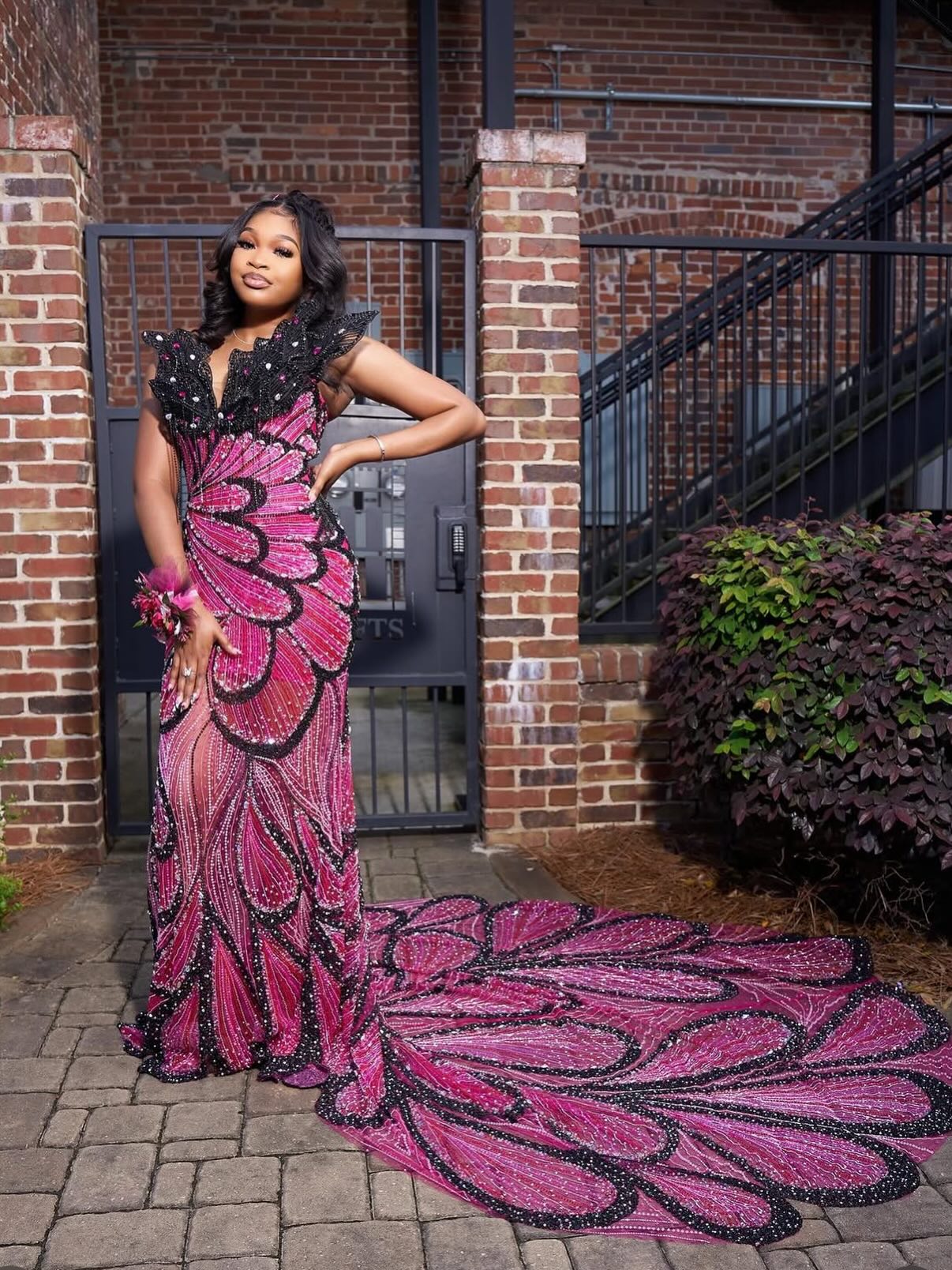 Fuchsia & Black Butterfly Wing Crystal Beaded Mermaid Prom Dress-LLELLA