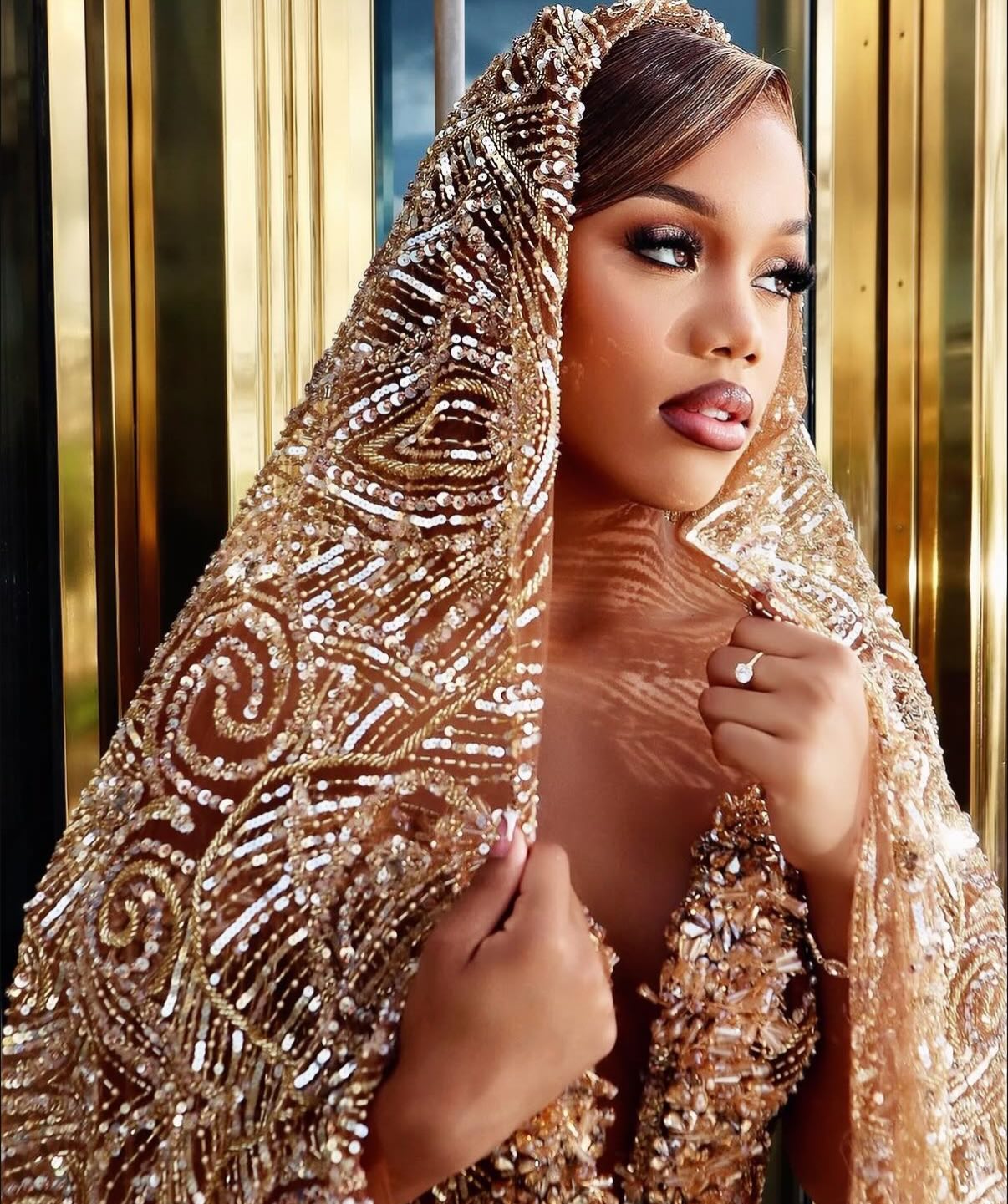 Champagne Gold Art Deco Crystal Beaded Mermaid Prom Dress with Veil & Crystal Fringe-LLELLA
