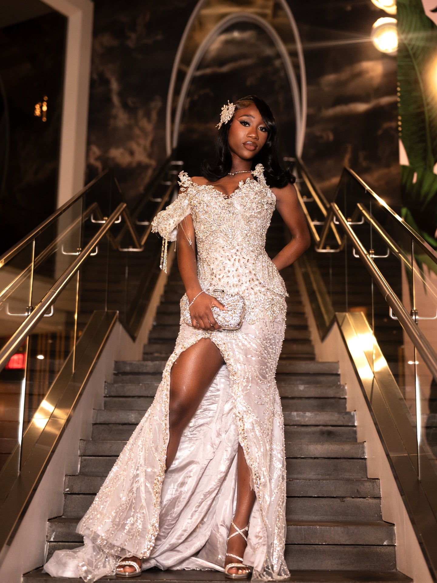 Ivory Champagne Off-Shoulder Crystal Fringe Beaded Mermaid Prom Dress with 3D Floral Straps
