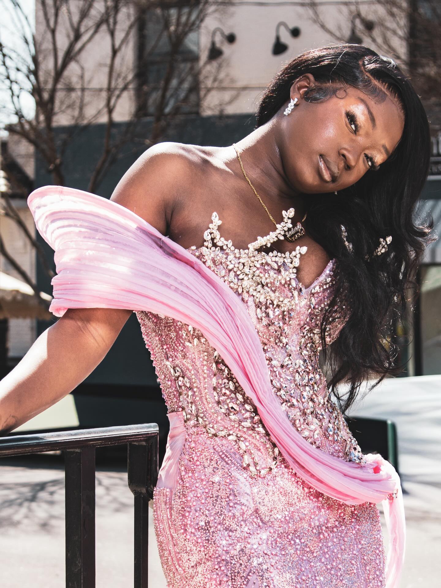 Pink Glow - Sequin Beaded Mermaid Prom Dress with Draped Chiffon Wrap-LLELLA