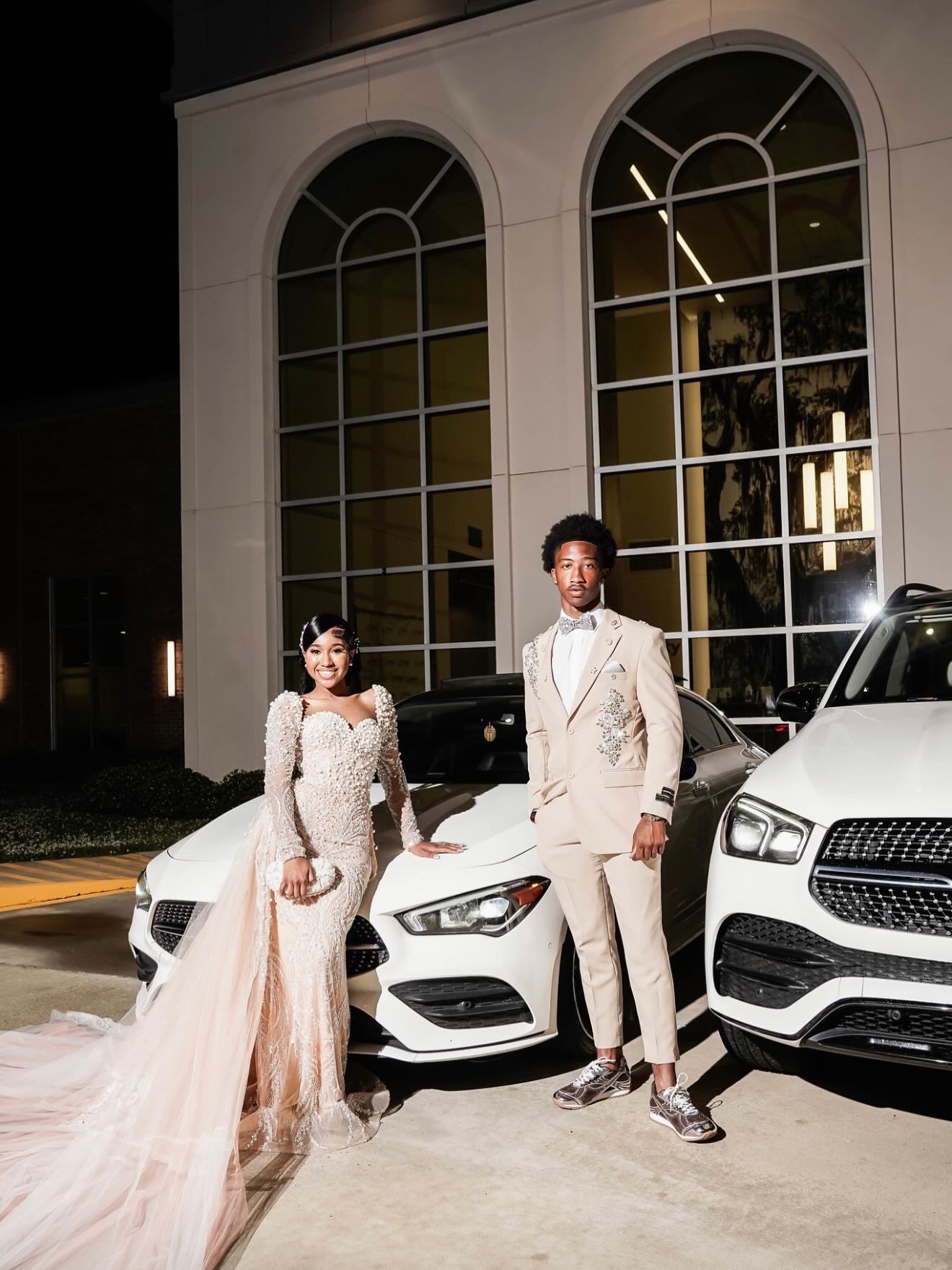 Ivory Long Sleeve Beaded Mermaid Prom Dress with 3D Floral & Feather Train Details