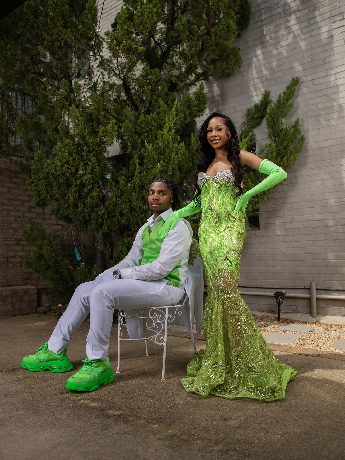 Neon Lime Green Gold Peacock Sequin Illusion Mermaid Prom Dress with Lace Cape Veil & Opera Gloves-LLELLA