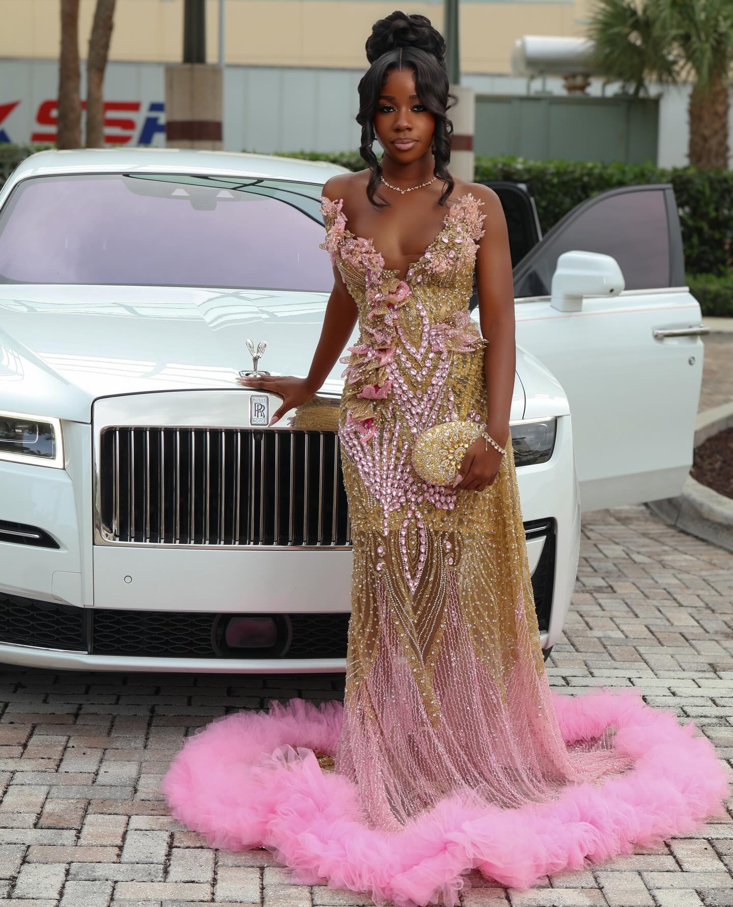 Gold & Pink Sequin Beaded Mermaid Prom Dress with 3D Floral Details & Pink Feather Train