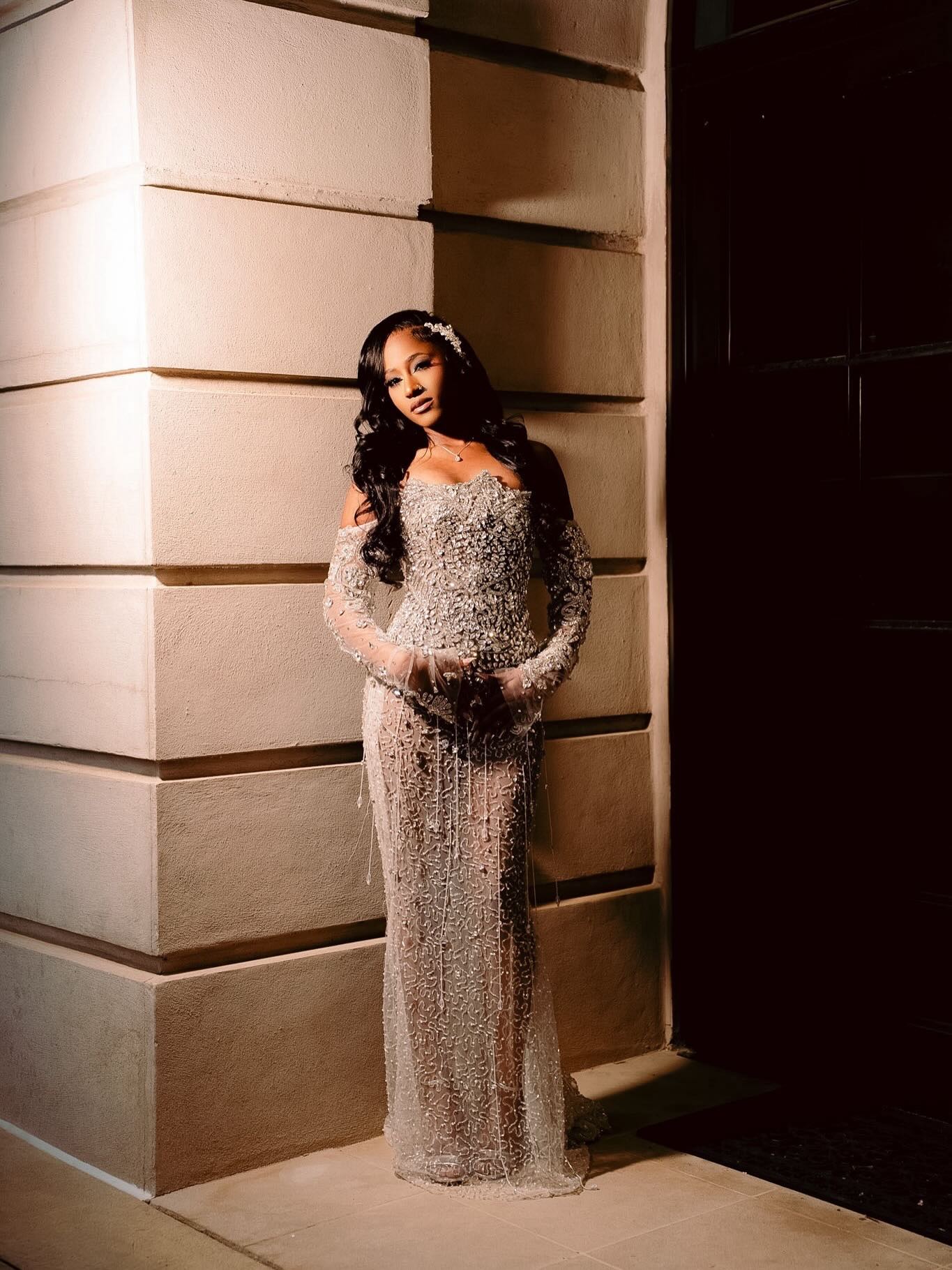 Champagne Nude 3D Floral Pearl Crystal Fringe Tassel Off-Shoulder Long Sleeve Sheer Mermaid Prom Dress