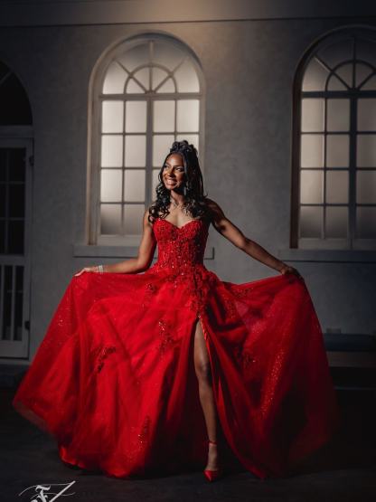 Red Sequin Beaded Strapless A-Line Prom Dress with 3D Floral Appliqué & High Slit