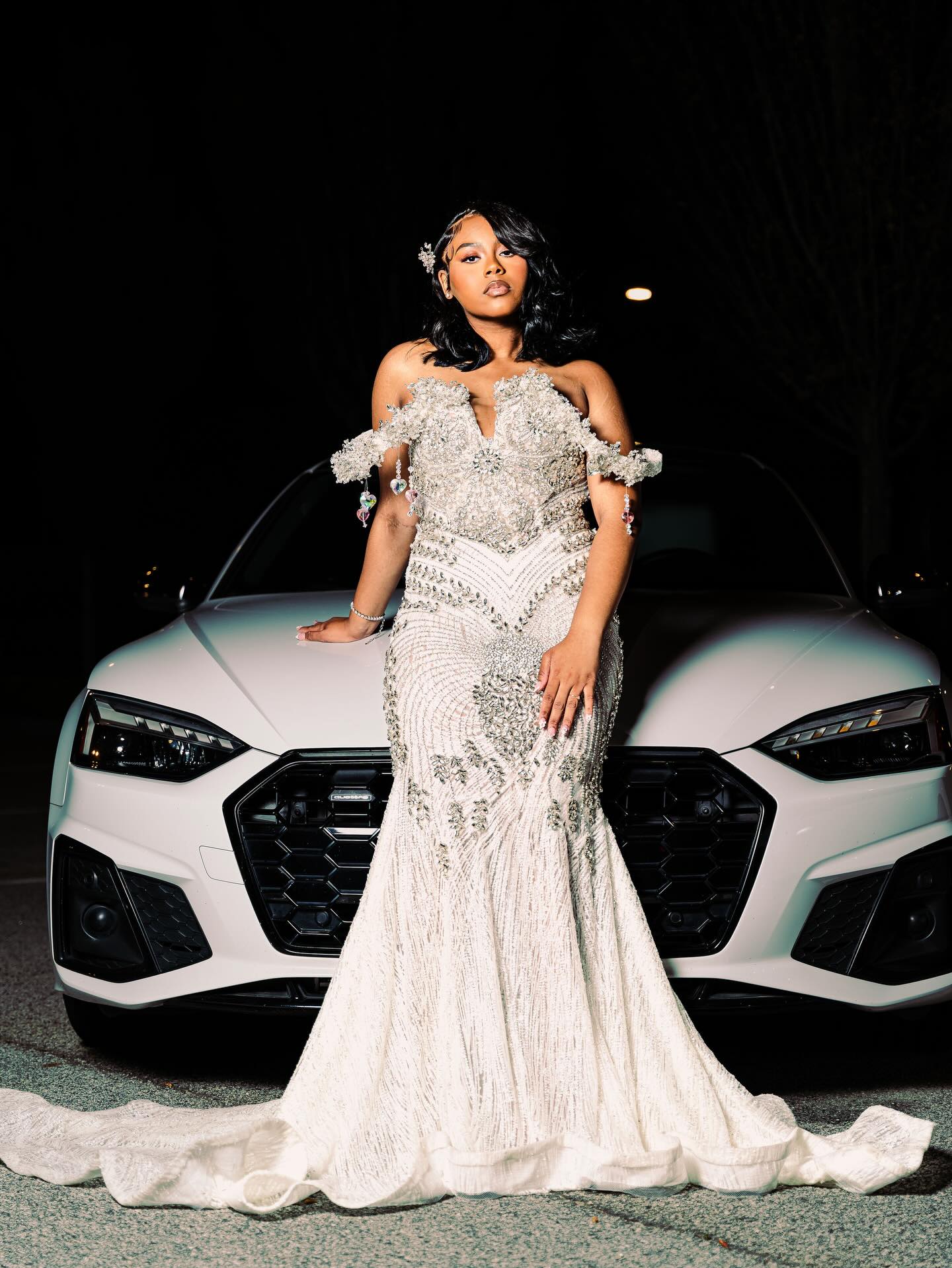 A Night to Remember – White & Silver Spiral Crystal Beaded Off-Shoulder Mermaid Prom Dress with Lace Train