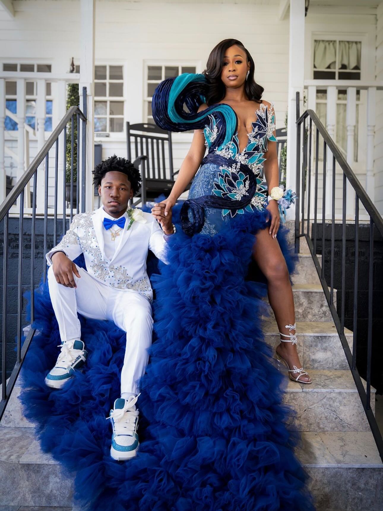 Navy Blue Deep V-Neck 3D Peacock Sculptural Mermaid Prom Dress with Royal Blue Ruffle Tulle Skirt
