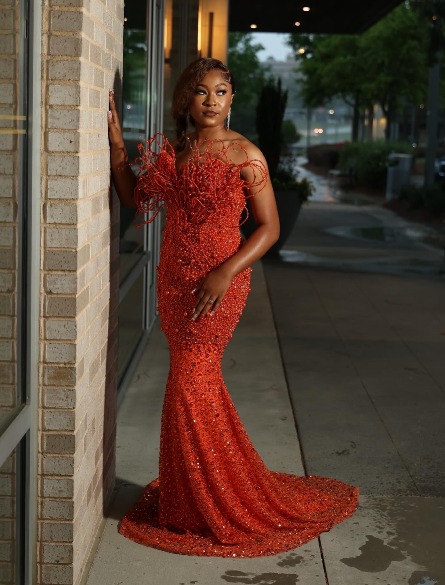 Burnt Orange 3D Spiral Beaded Tendril Off-Shoulder Crystal Mermaid Prom Dress-LLELLA