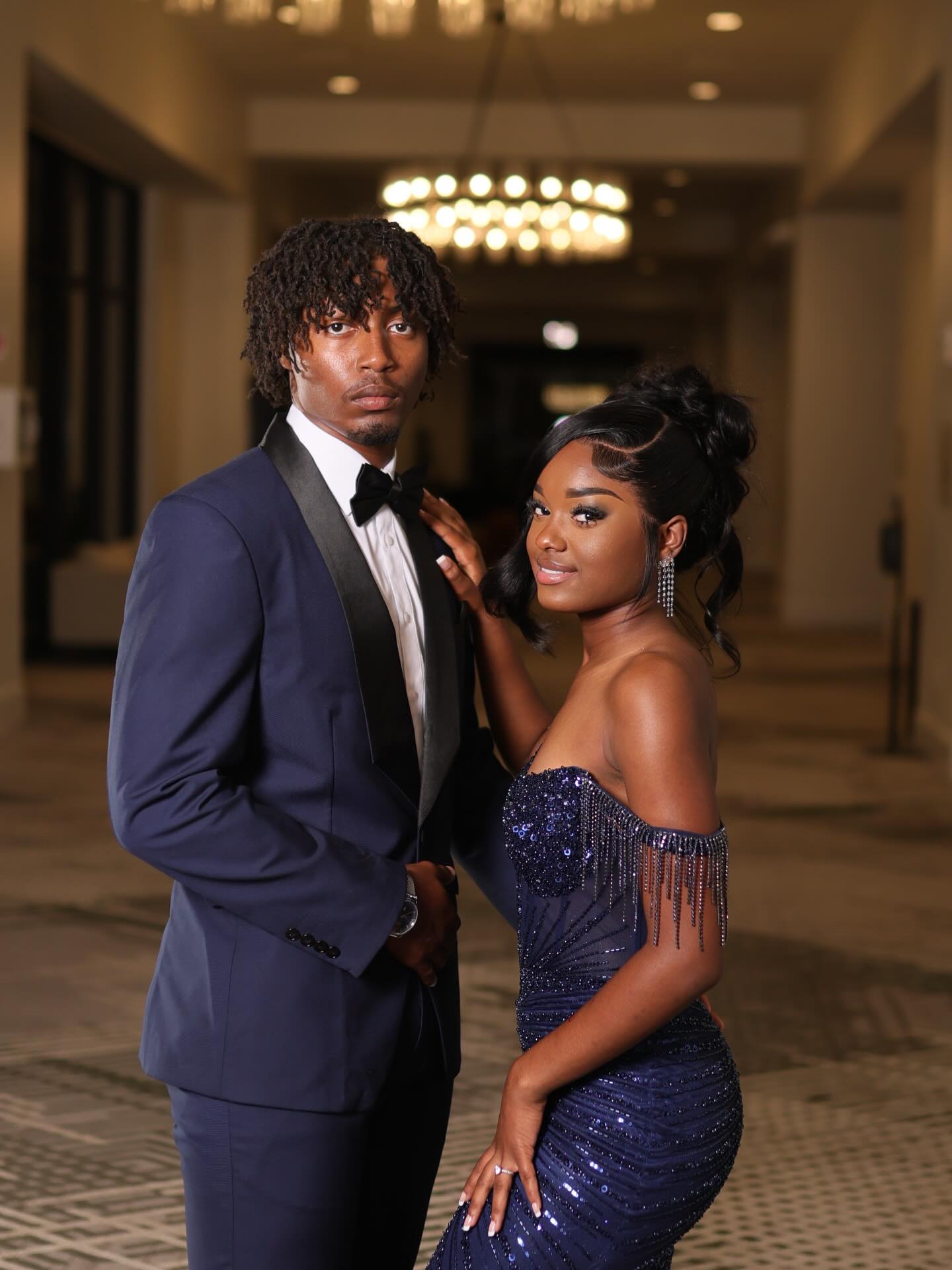 Navy Blue Off-Shoulder Sequin Beaded Mermaid Prom Dress with Crystal Fringe Details