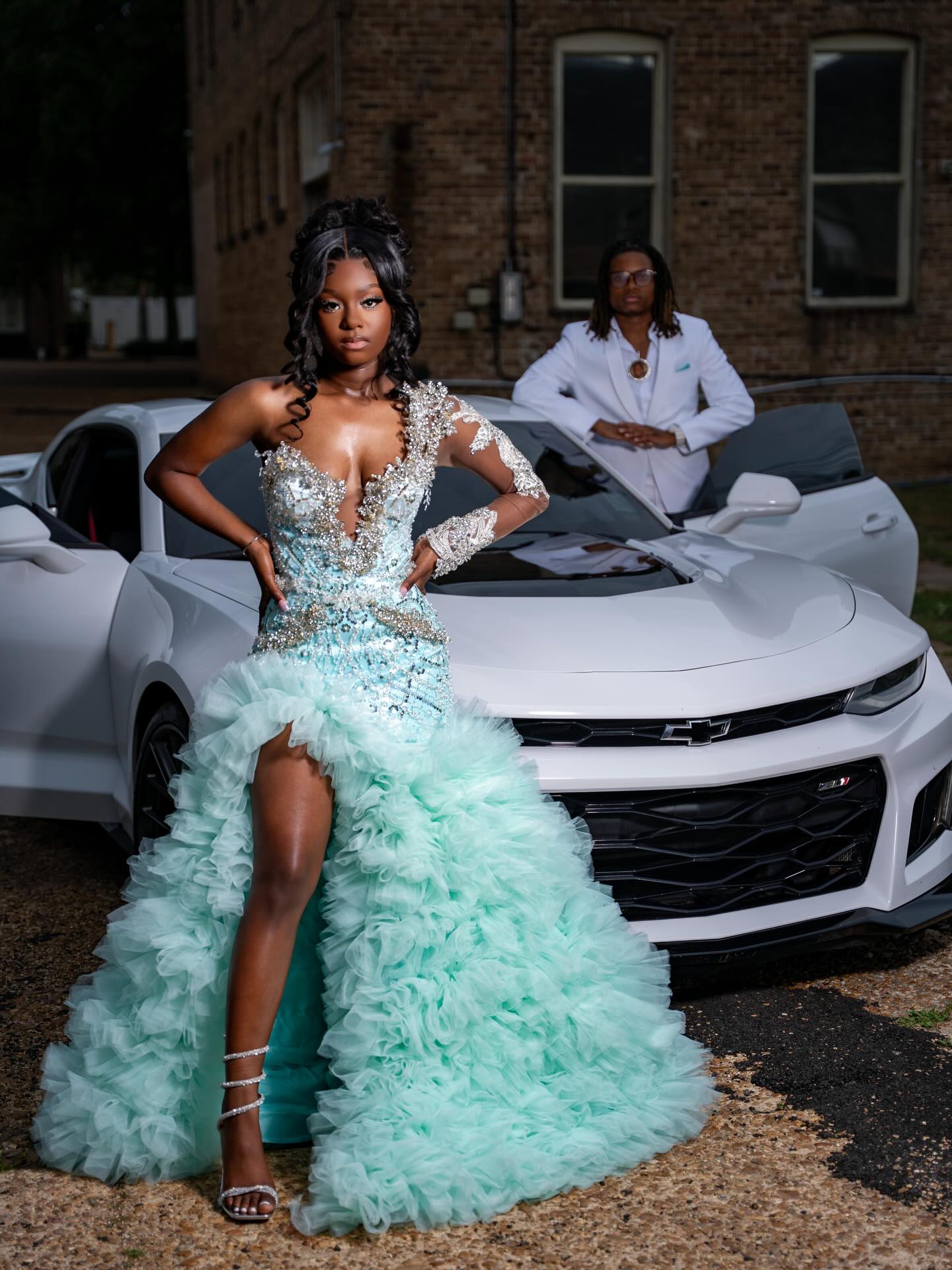 Mint Green Strapless Crystal Beaded Hi-Lo Prom Dress with One-Sleeve Detail & Ruffled Tulle Skirt