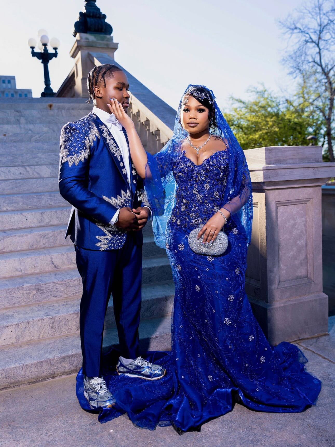 Royal Blue 3D Rose Floral Crystal Beaded Long Sleeve Mermaid Prom Dress with Custom Cathedral Train and Veil