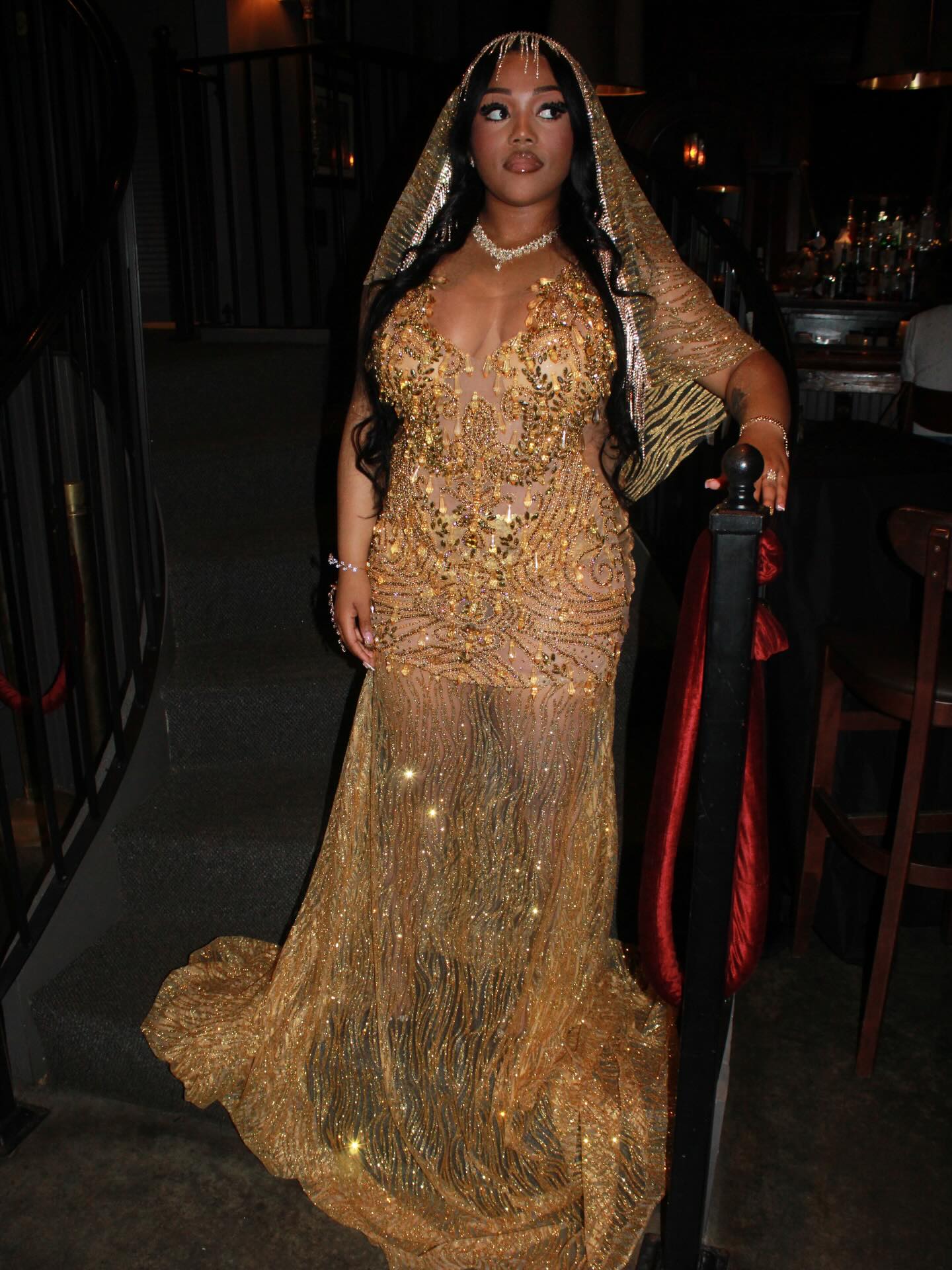 Gold Sequin Beaded Sheer Mermaid Prom Dress with Crystal Fringe Cap Sleeves & Cathedral Train