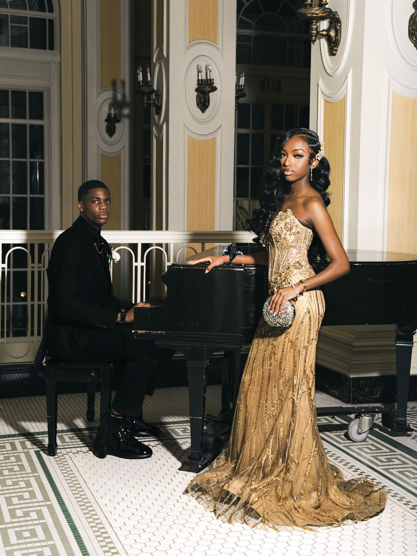 Champagne Gold Strapless Sweetheart Crystal Beaded Art Deco Mermaid Prom Dress with Sweep Train