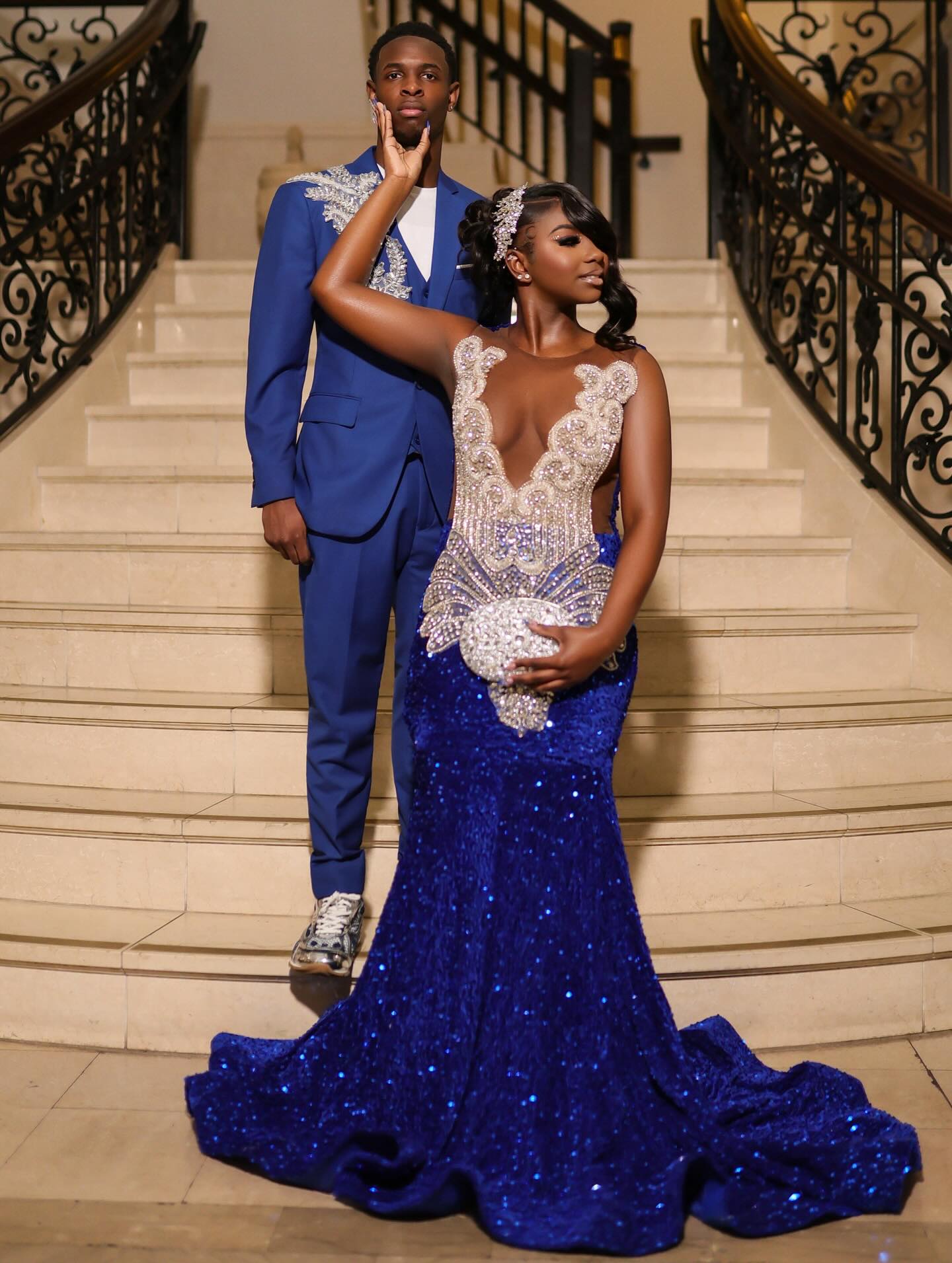 Royal Blue Sequin Beaded Mermaid Prom Dress with Sheer Bodice & Crystal Embellishments