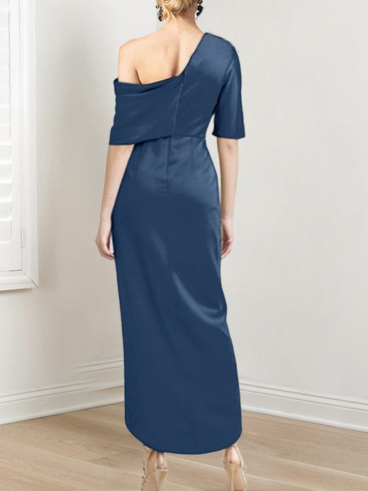 Asymmetrical One-Shoulder Short Sleeve Sheath Dress with Ruffles for the Mother of the Bride-LLELLA