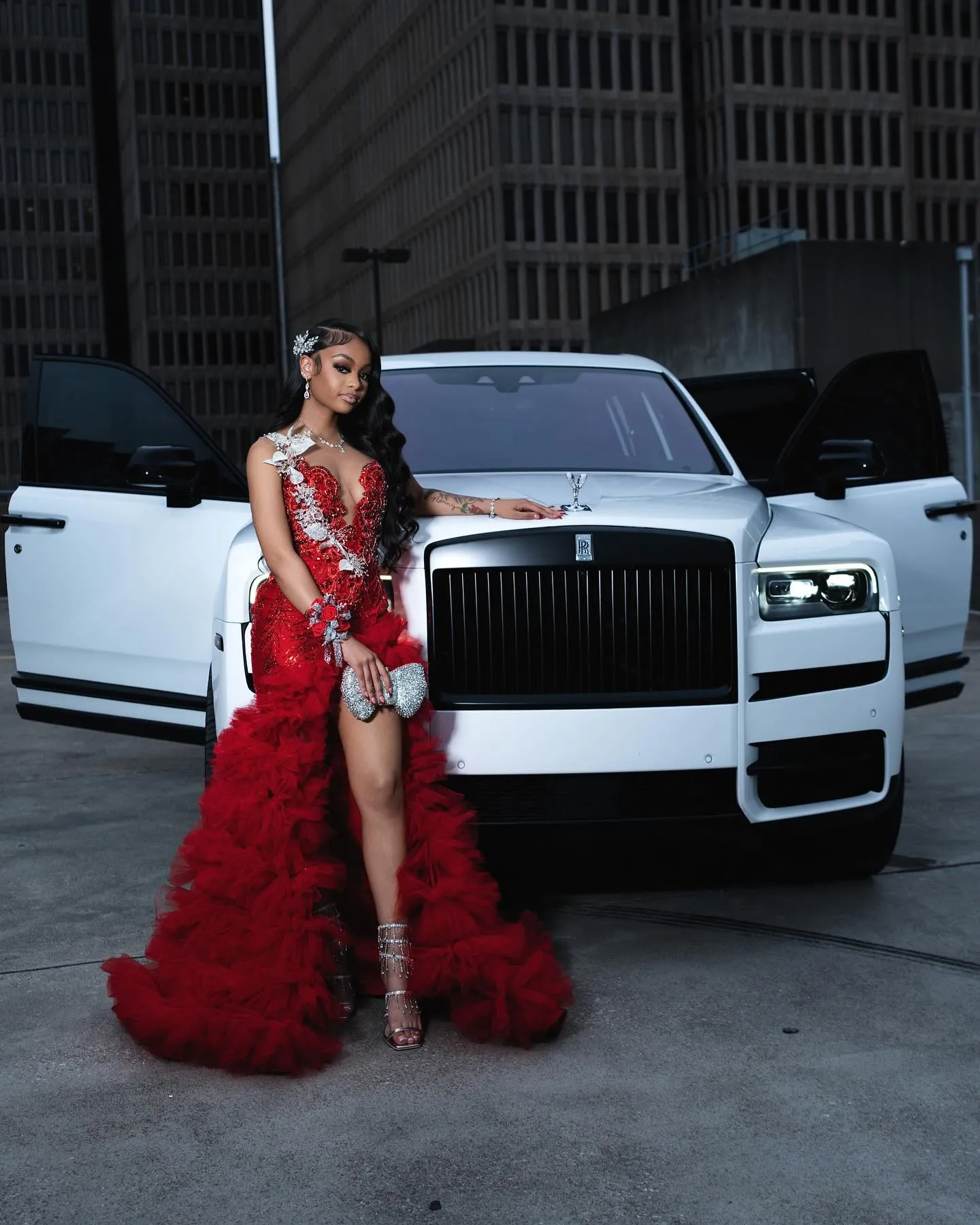 Scarlet Empress Red Sequin Gown – 3D Silver Lace & Tiered Ruffle Train