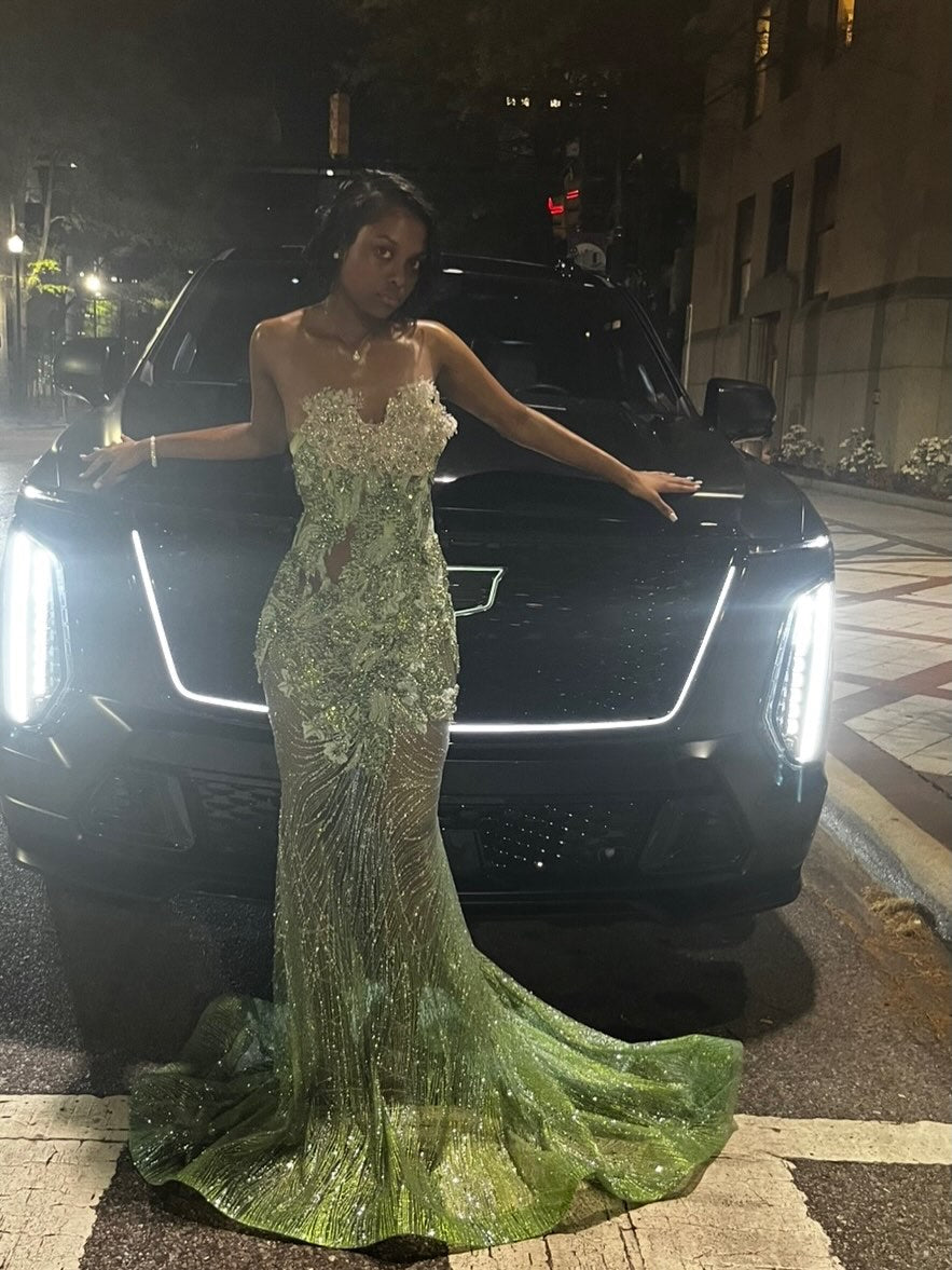 Emerald Enchantress – Sage Green Gold Crystal Beaded Strapless Mermaid Prom Dress with 3D Floral Corset & Lace-Up Back