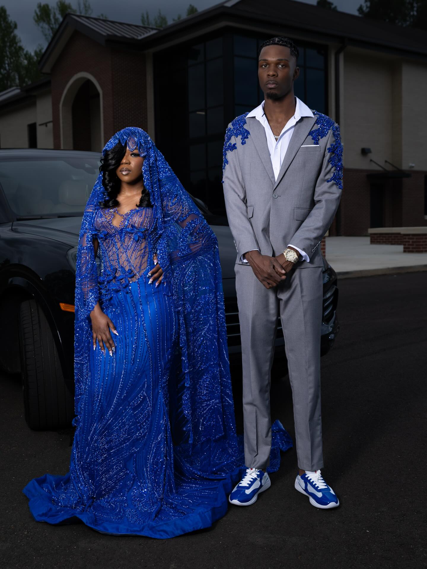 Royal Blue Sequin Beaded Mermaid Prom Dress with Detachable Cape | BK4743