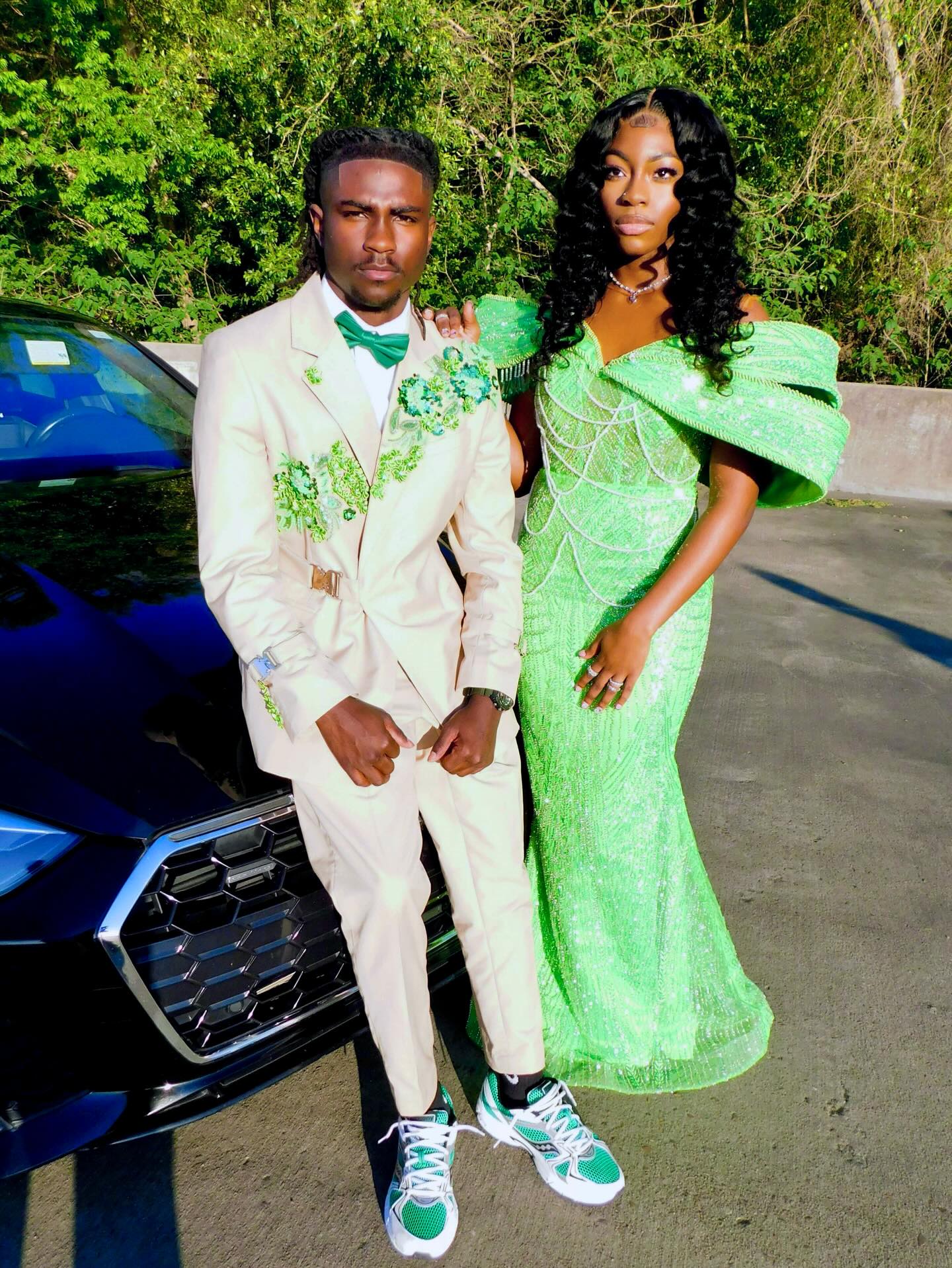 Lime Green Gold Off-Shoulder Fringe Puff Sleeve Pearl Chain Drape Crystal Beaded Mermaid Prom Dress