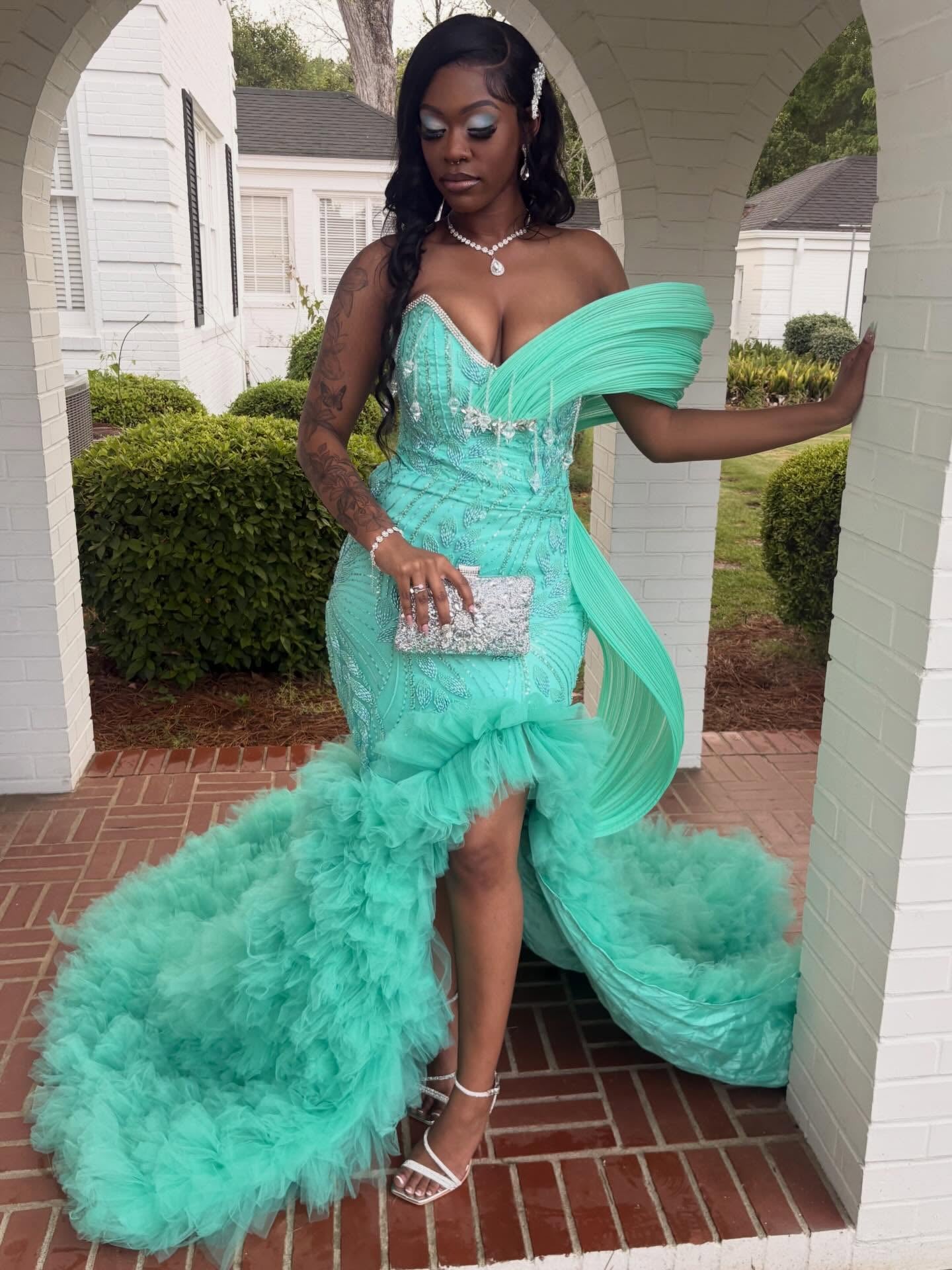 Mint Green Off-Shoulder Sequin Beaded Mermaid Prom Dress with Ruffled Tulle Hi-Lo Train