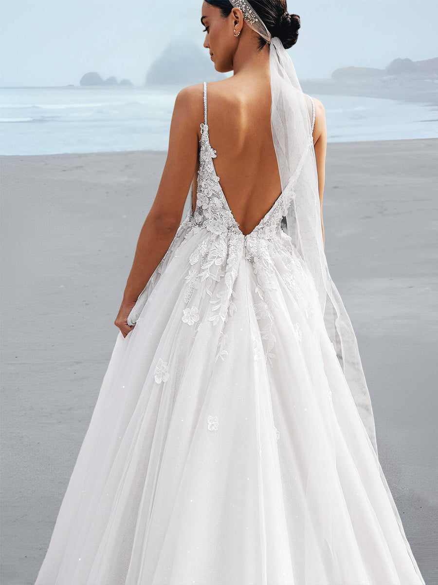 A-Line/Princess Spaghetti Straps Floor-Length Wedding Dress Ivory