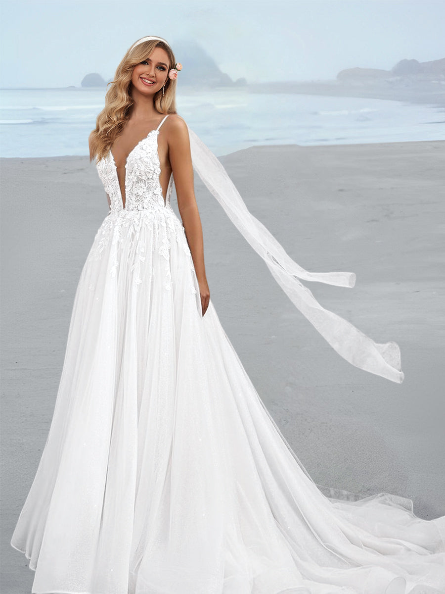 A-Line/Princess Spaghetti Straps Floor-Length Wedding Dress White