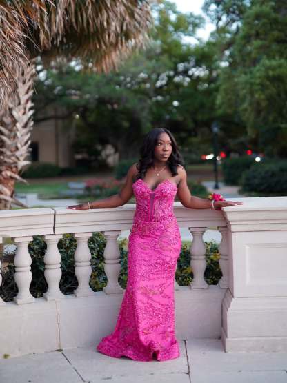 Fuchsia Strapless Sweetheart Crystal Beaded Mermaid Prom Dress with Sheer Mesh Panels