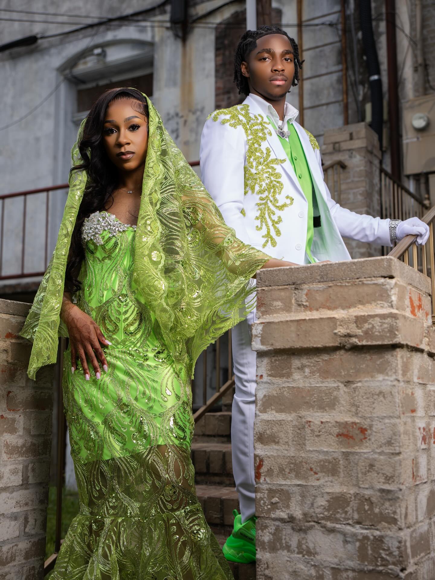 Neon Lime Green Gold Peacock Sequin Illusion Mermaid Prom Dress with Lace Cape Veil & Opera Gloves-LLELLA
