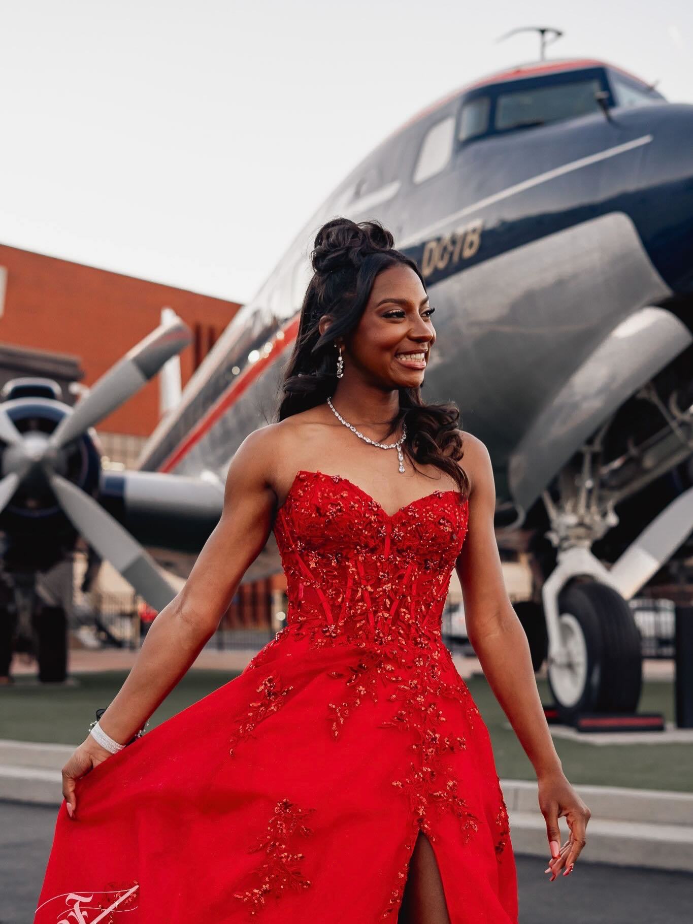 Red Sequin Beaded Strapless A-Line Prom Dress with 3D Floral Appliqué & High Slit