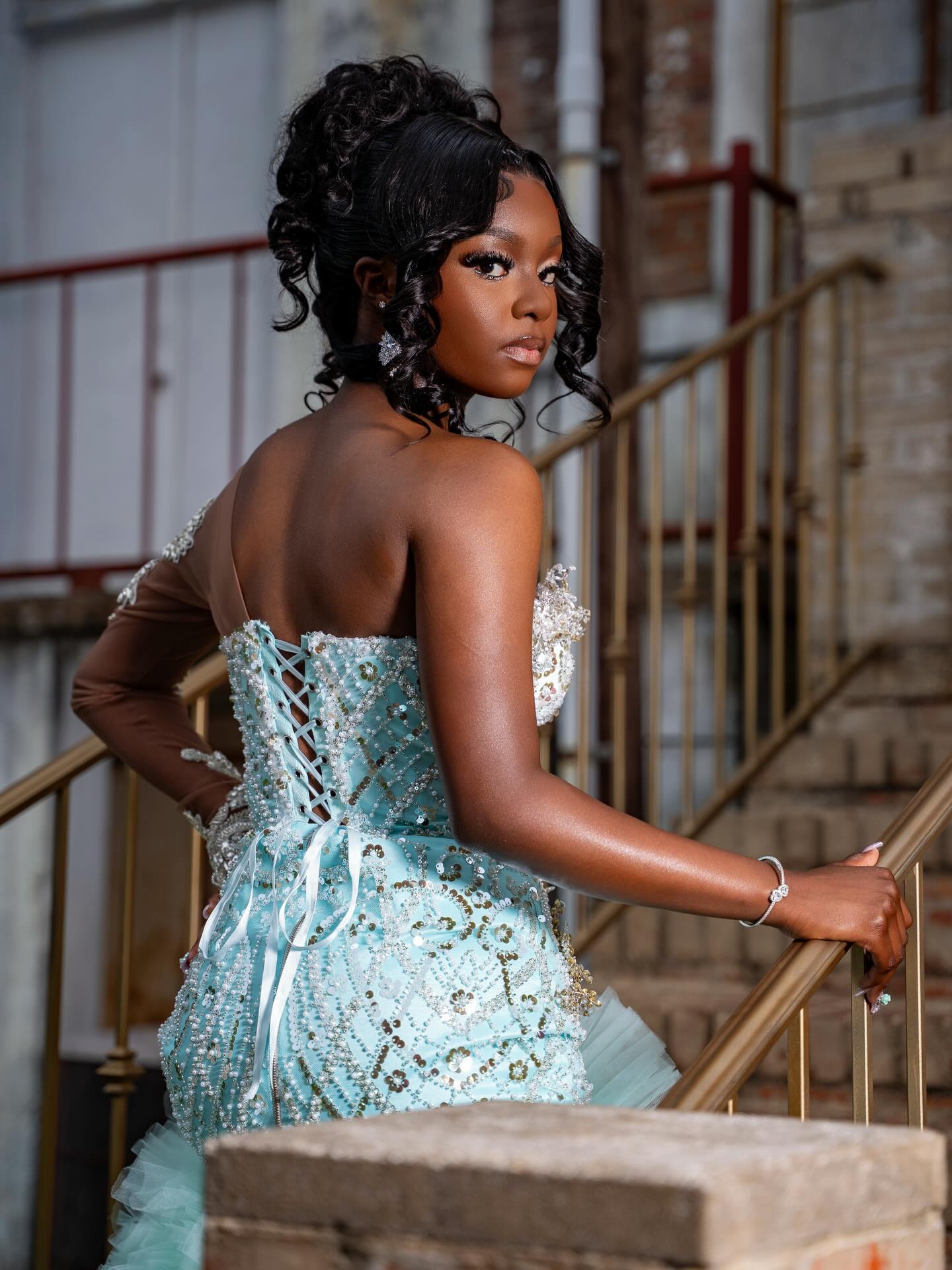Mint Green Strapless Crystal Beaded Hi-Lo Prom Dress with One-Sleeve Detail & Ruffled Tulle Skirt