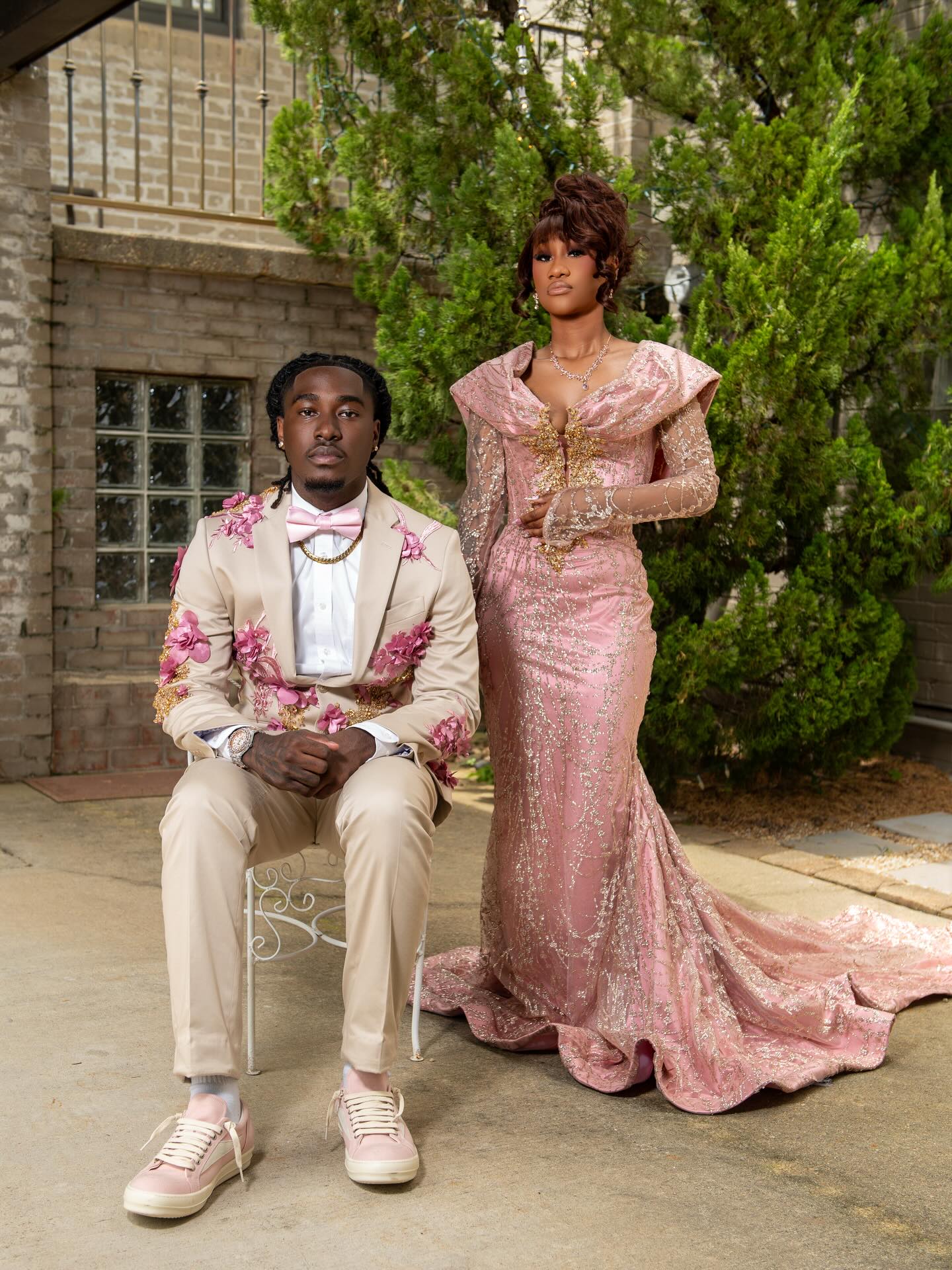 Blush Pink Gold Sequin Lace Off-Shoulder Long Sleeve Mermaid Prom Dress with 3D Floral Bodice