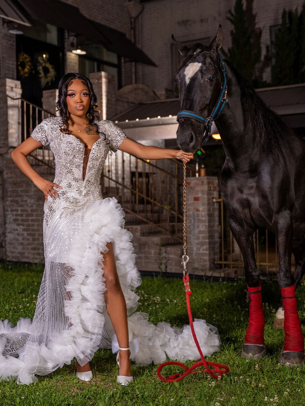 Silver Sequin Beaded Mermaid Gown with Ruffle Train