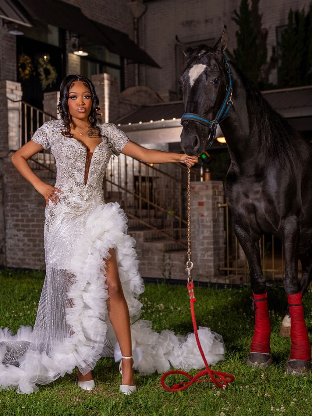 Silver Sequin Beaded Mermaid Gown with Ruffle Train