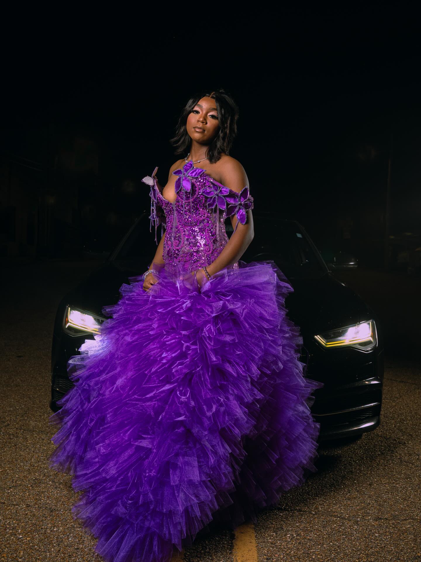 Purple Butterfly Sequin Beaded Off-Shoulder Ruffle Ball Gown