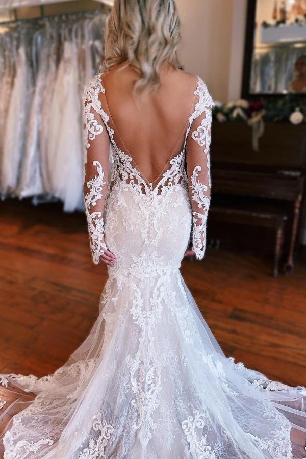 LLELLA Long Sleeves Lace Wedding Dress Mermaid Overskirt On Sale-LLELLA